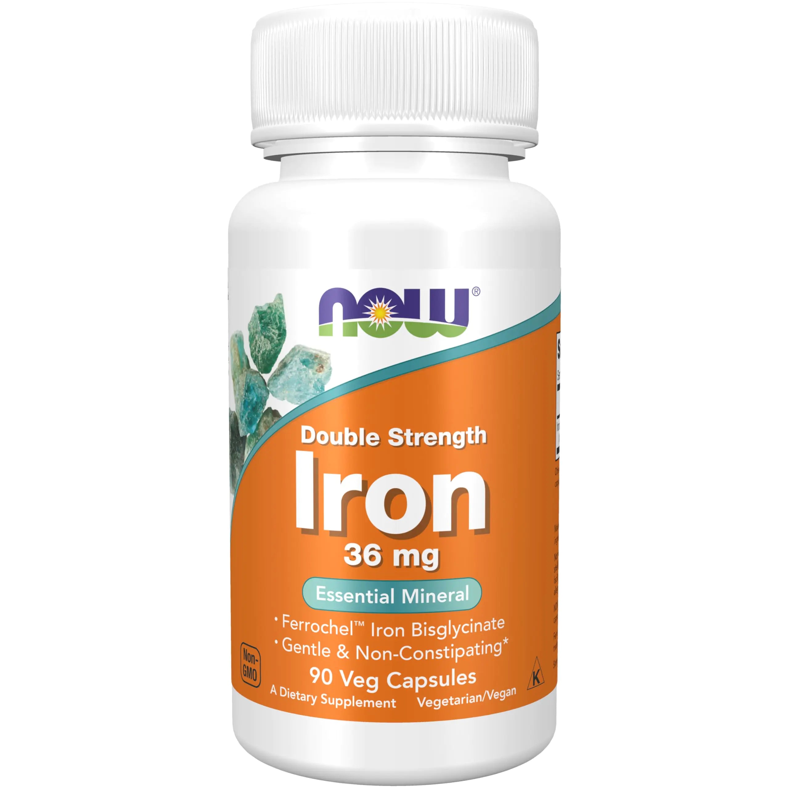 NOW Supplements Iron 36 mg Double Strength Non-Constipating* Essential Mineral 90 Veg Capsules
