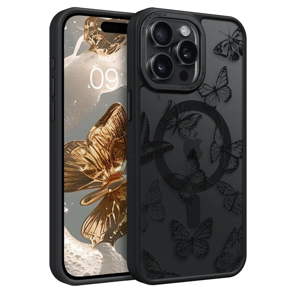 GUAGUA for iPhone 15 Pro Max Magnetic Case Compatible with Magsafe Cute Black Butterfly Print Pattern Translucent Matte Design Shockproof Protective Phone Case for iPhone 15 Pro Max 6.7 Inch Black