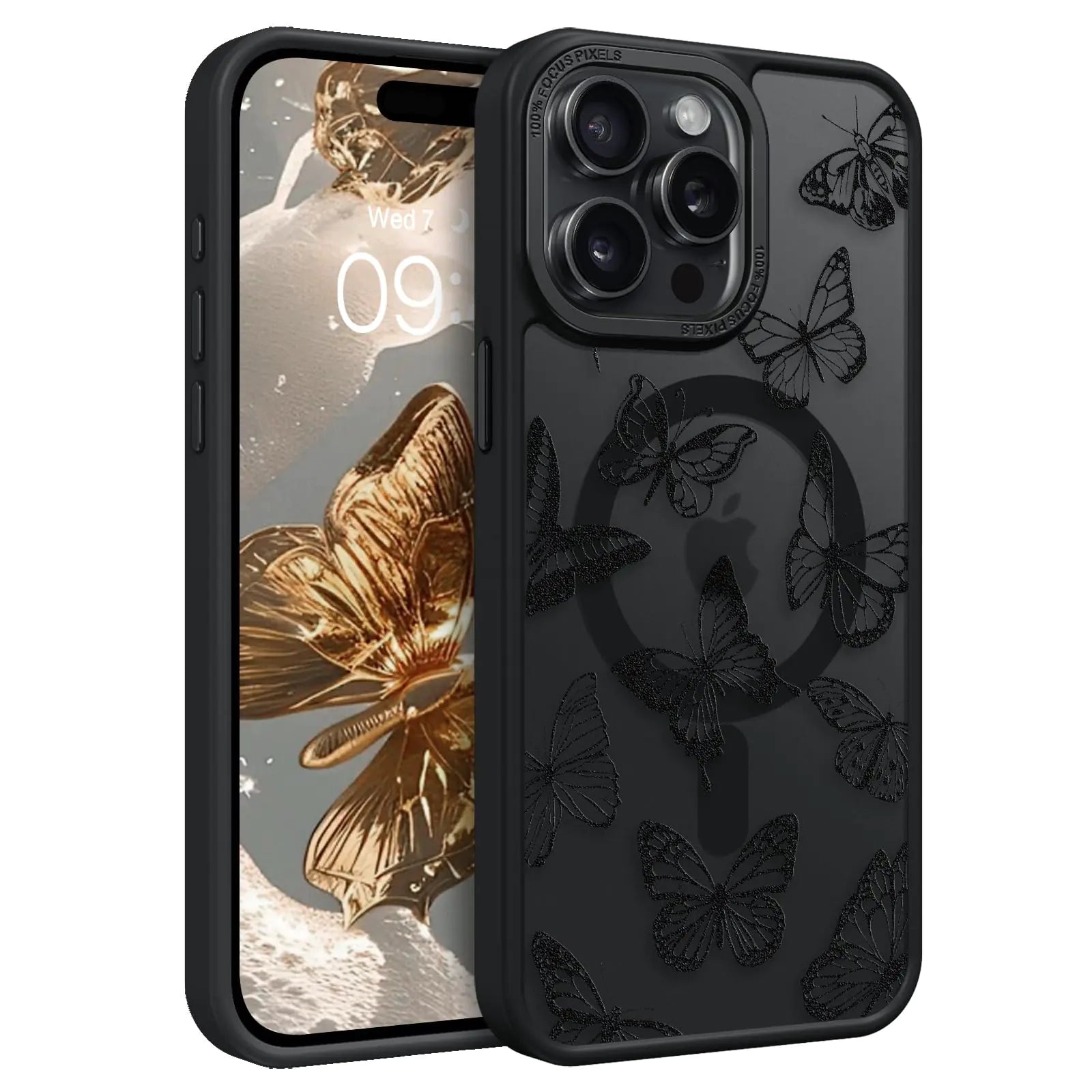 GUAGUA for iPhone 15 Pro Max Magnetic Case Compatible with Magsafe Cute Black Butterfly Print Pattern Translucent Matte Design Shockproof Protective Phone Case for iPhone 15 Pro Max 6.7 Inch Black