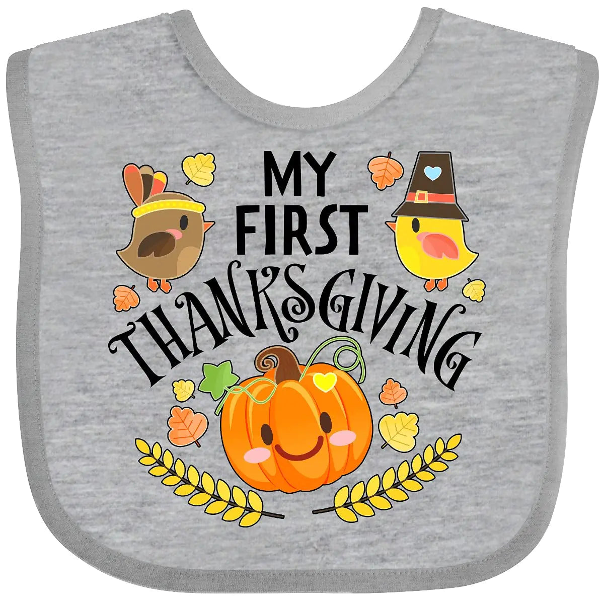 inktastic My First Thanksgiving- Autumn Birds Pumpkin Baby Bib Heather Grey 331ab