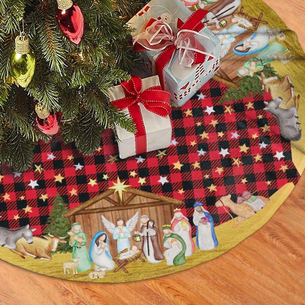 Buffalo Plaid Nativity Christmas Tree Skirt Jesus Christian Funny Tree Mat for Farmhouse Xmas Holiday Party Decorations Indoor Outdoor 36 Inch