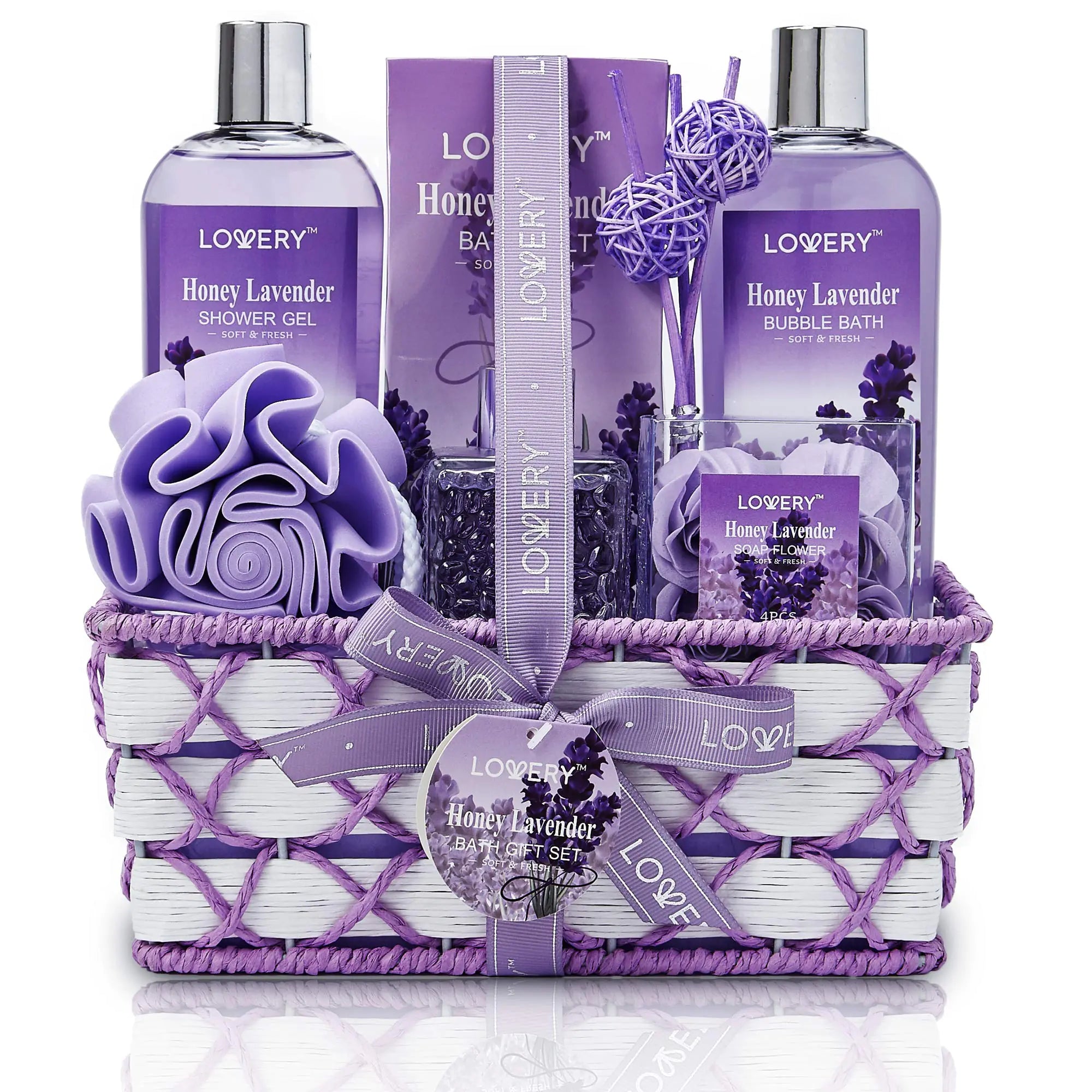 Valentines Day Gifts for Her Bath and Body Gift Basket For Women & Men Honey Lavender Home Spa Set with Essential Oil Diffuser Soap Flowers Bath Salts Bubble Bath & More 13pc Presents for Mom