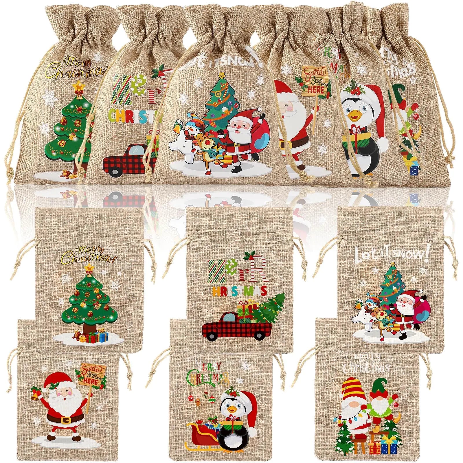 JUNEBRUSHS Christmas Burlap Bags with Drawstring 20 Pack Christmas Gift Bags Treat Candy Goodie Bags Cute Santa Snowman Snowflake Small Gift Bags for Kids Xmas Holiday Party Favors