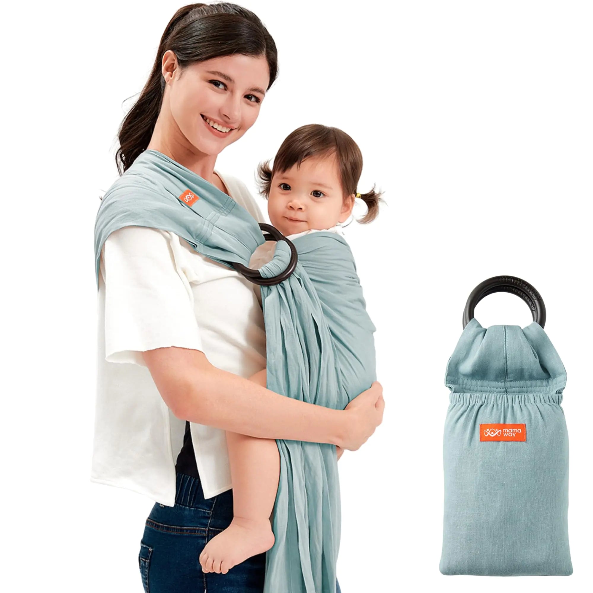 Mamaway Baby Ring Sling Carrier - Newborn and Toddler Sling (Supports up to 154lbs) IHDI Certified Rayon & Linen Made Soft & Breathable Nylon 66 Safety Rings Storage Pocket Design Blue