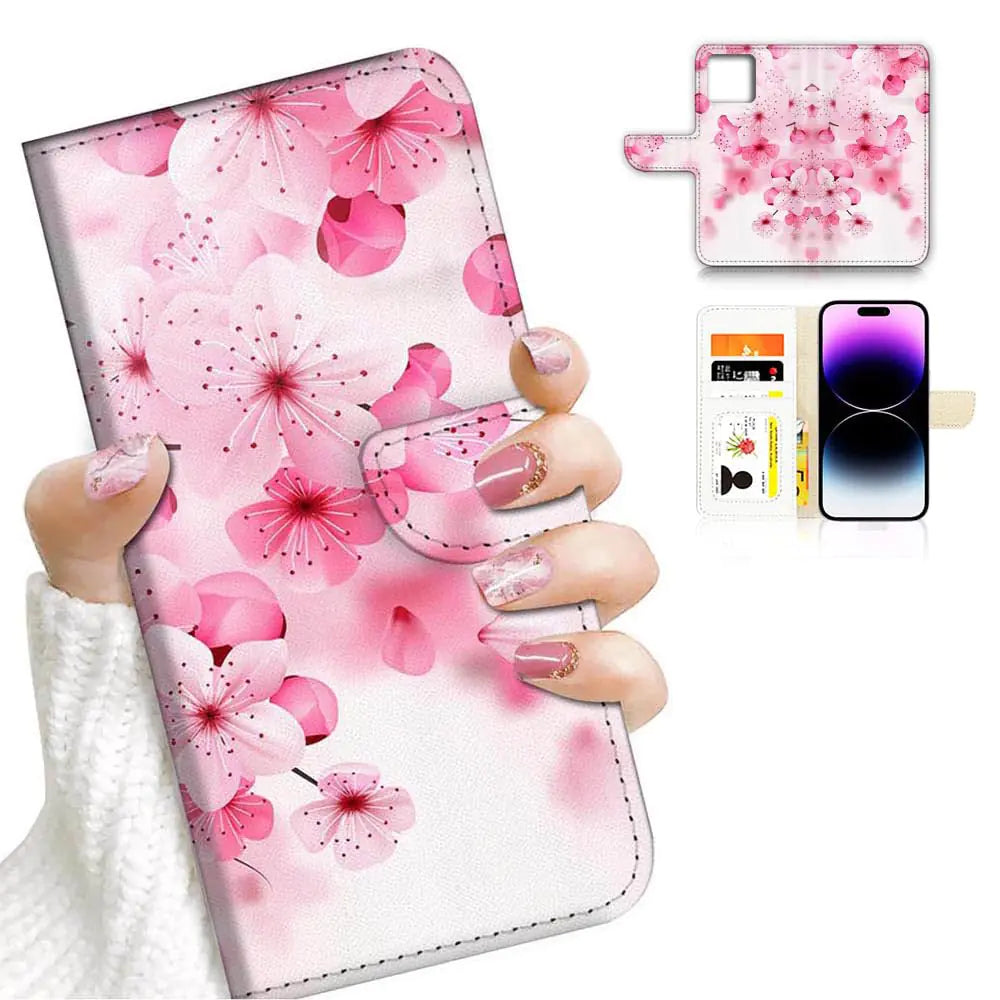 for iPhone 14 Pro Max Fashion Flower Scene Flamingo Dragonfly Flip Wallet Phone Case Cover AD006 (#24909 Cherry Blossom)