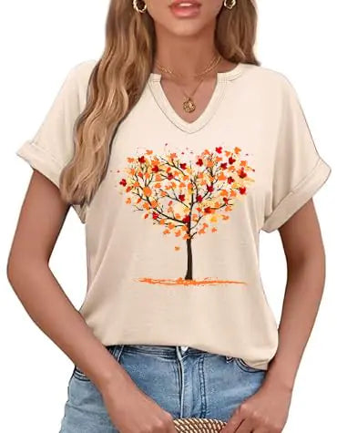 V Neck Fall Shirt for Women Floral Fall Colorful Leaves Graphic Vintage Autumn Casual Shirts Fall Tops Tee(FHT04BGESmall)