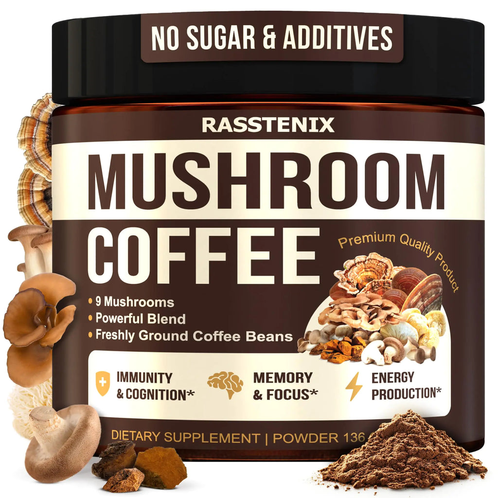 Rasstenix Mushroom Coffee Organic - 9 Mushroom Adaptogen Mix - Lions Mane Chaga Turkey Tail Reishi Shiitake - Instant Mushrooms Coffee for Gut Health Energy Mental Clarity - 60 Servings