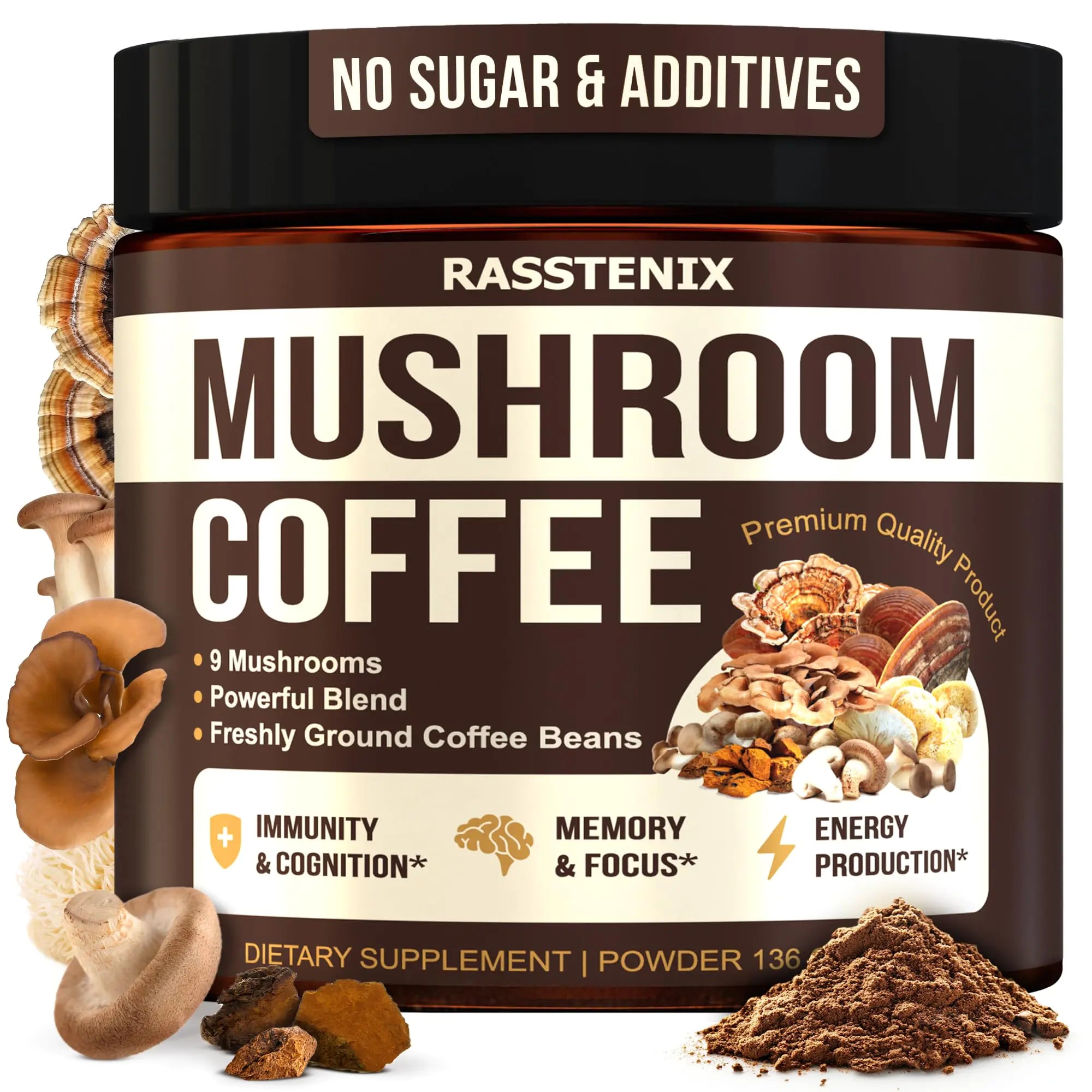 Rasstenix Mushroom Coffee Organic - 9 Mushroom Adaptogen Mix - Lions Mane Chaga Turkey Tail Reishi Shiitake - Instant Mushrooms Coffee for Gut Health Energy Mental Clarity - 60 Servings