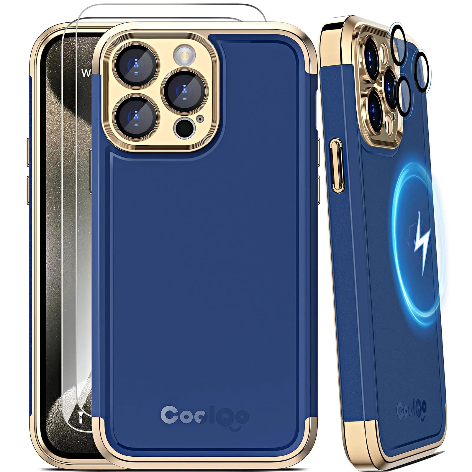 COOLQO Magnetic for iPhone 13 Pro Max Case [Compatible with MagSafe] 2X[Tempered Glass Screen Protector+Camera Lens Protectors] Shockproof Protective Phone Case for iPhone 13 Pro Max Blue Gold
