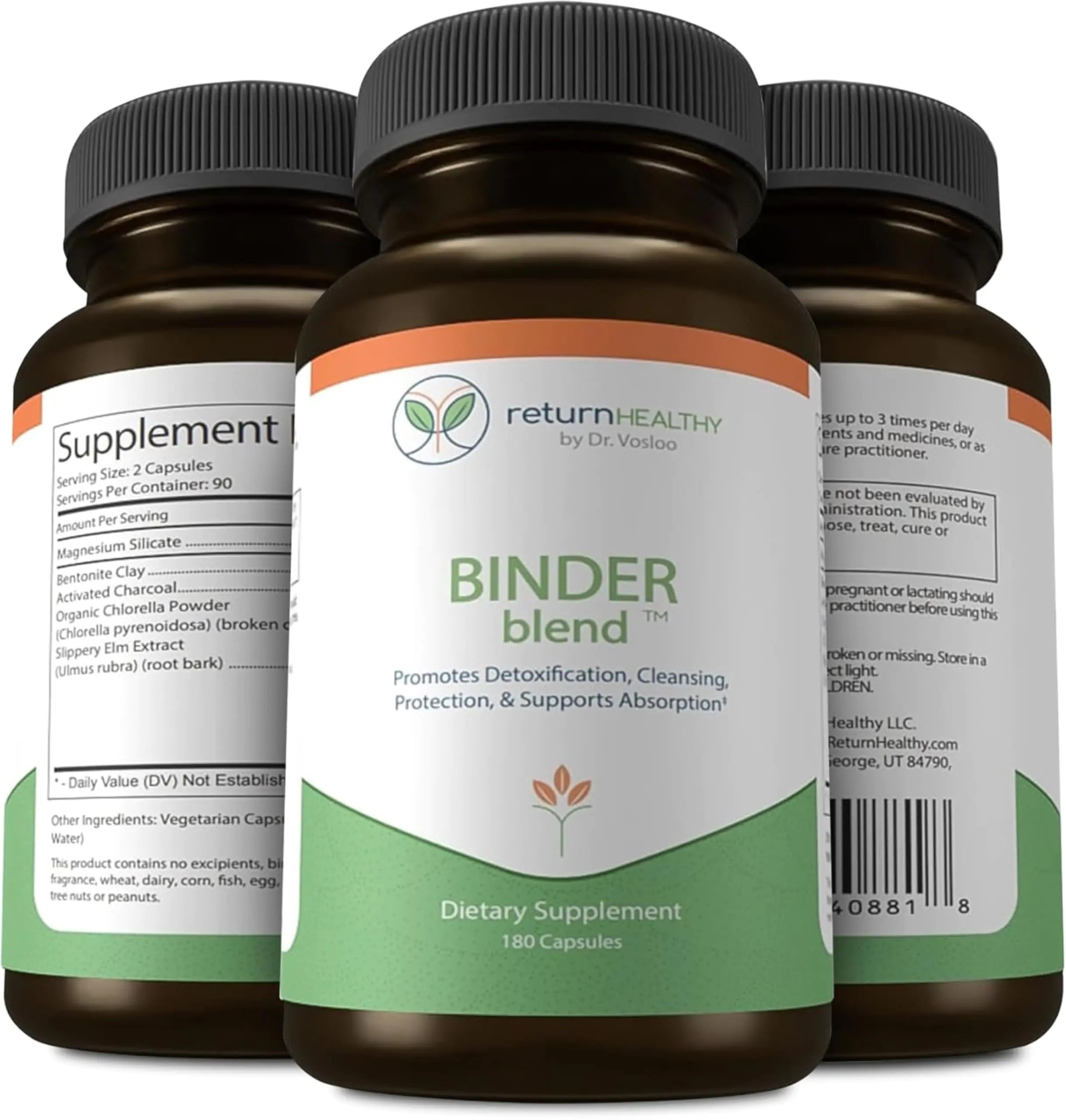 Binder Blend - Toxin Binder Supplement Detox Capsules for a Healthy Gut - 180 Capsules - 90 Servings - 960mg Activated Charcoal & 480mg Organic Chlorella - Bloating Relief - Bentonite Clay 3 Pack