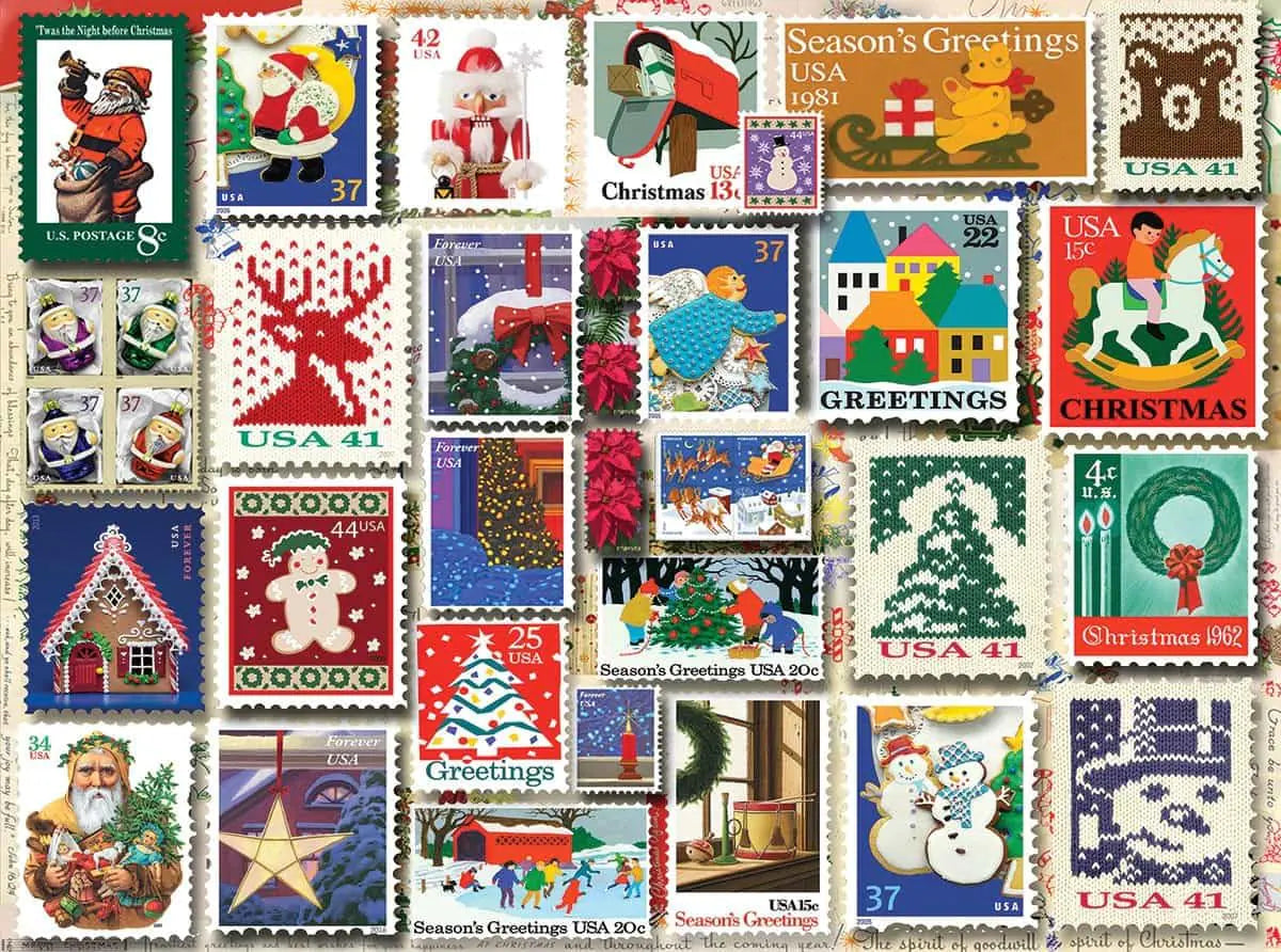 1000 Pieces Winter Theme Jigsaw Puzzle for Adults and Family - Christmas Stamps