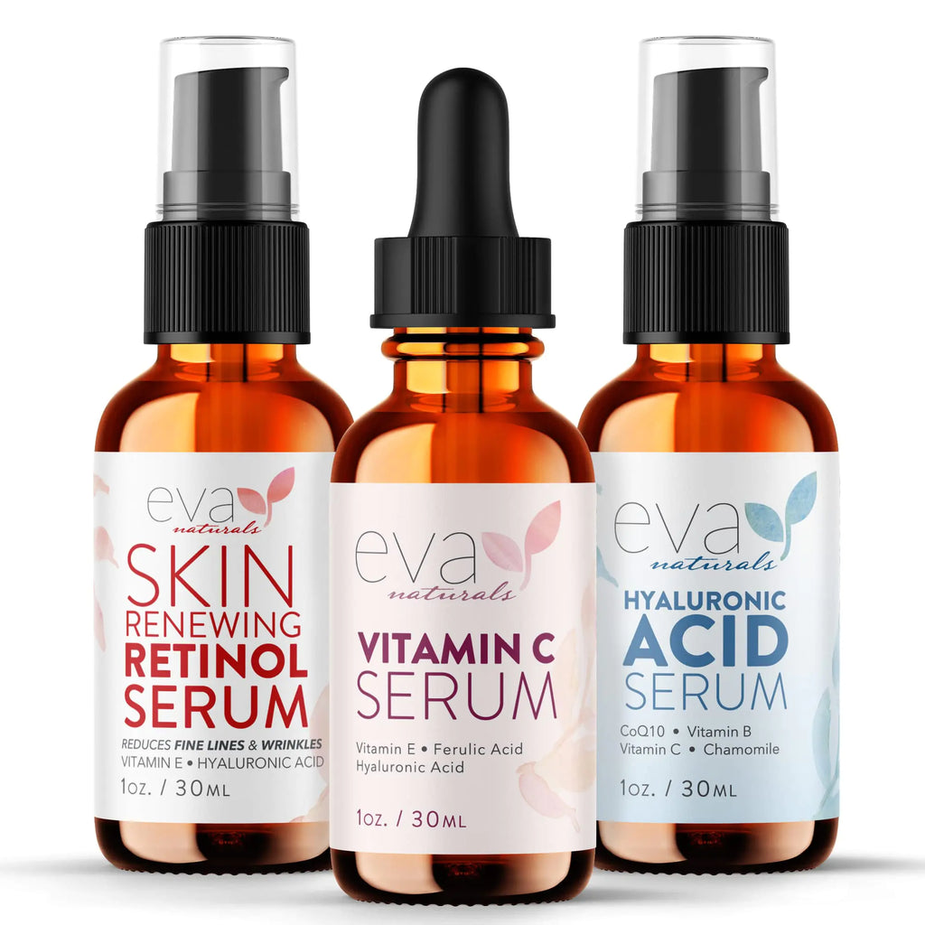 Eva Naturals Anti-Aging Serum Bundle - Vitamin C Hyaluronic Acid and Retinol | Face Serum Set for Skin Brightening Hydration