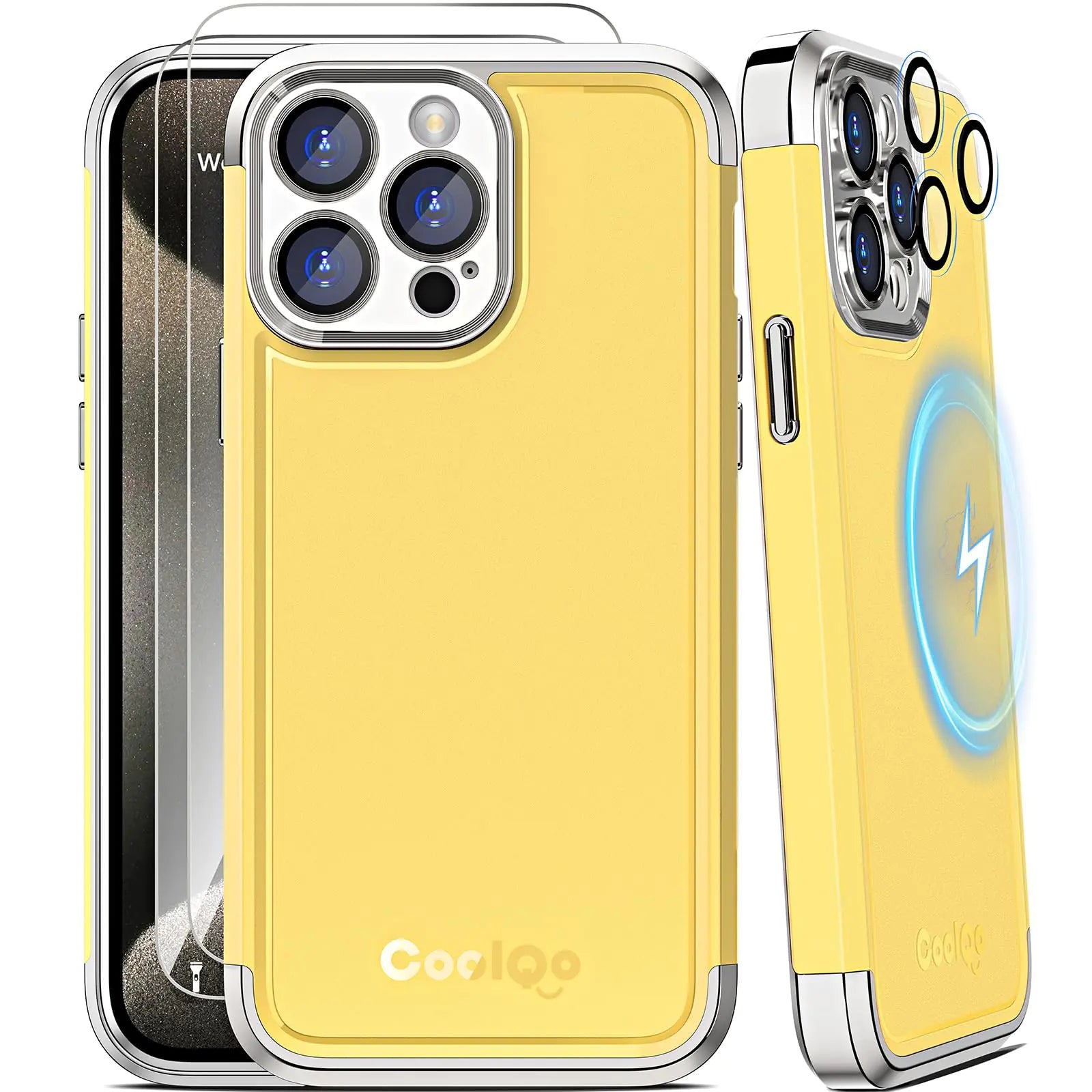 COOLQO Magnetic for iPhone 15 Pro Case 2X[Tempered Glass Screen Protector+Camera Lens Protectors] Mil-Grade Shockproof Protective Phone Case for iPhone 15 Pro Yellow Silver