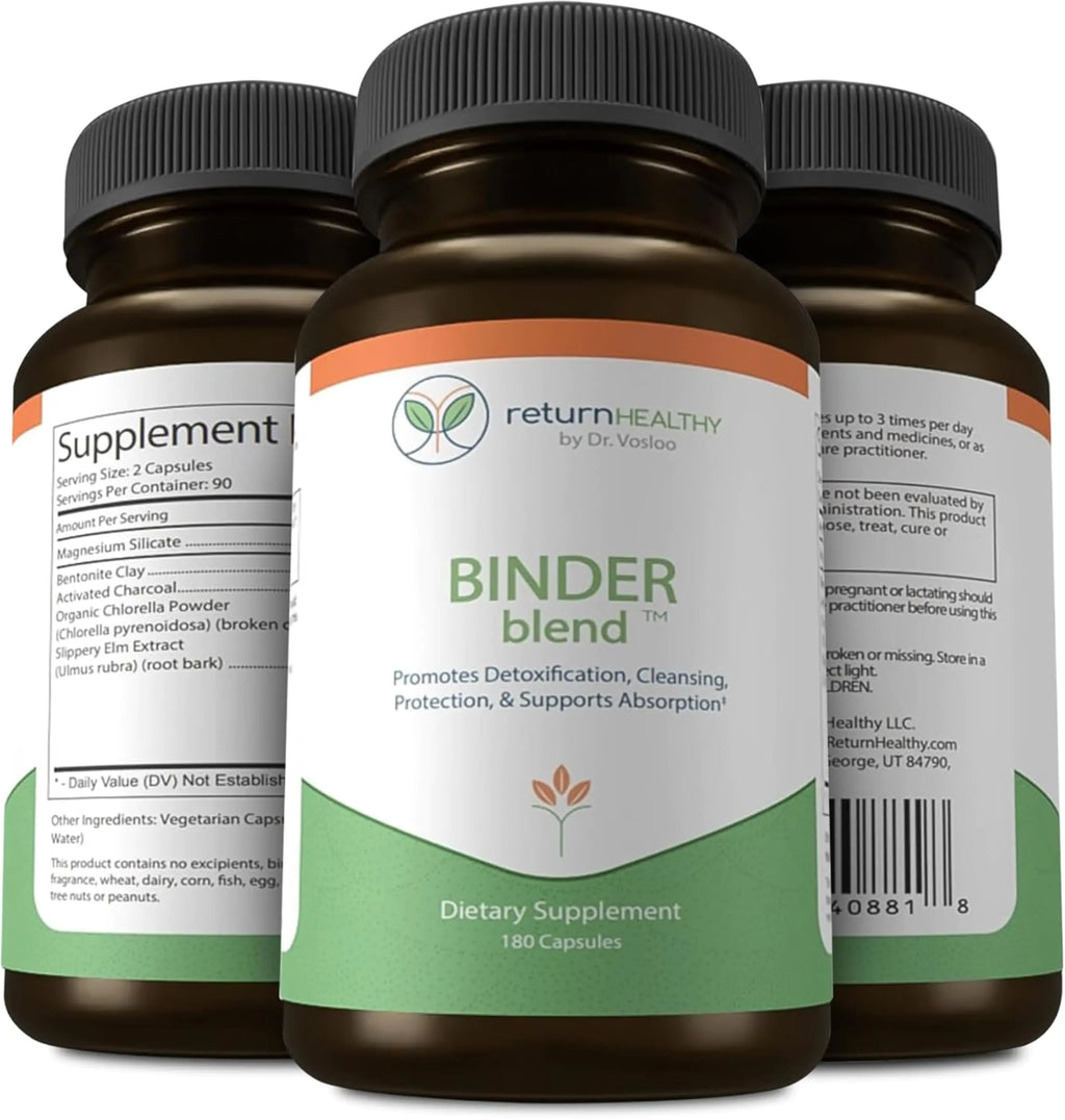 Binder Blend - Toxin Binder Supplement Detox Capsules for a Healthy Gut - 180 Capsules - 90 Servings - 960mg Activated Charcoal & 480mg Organic Chlorella - Bloating Relief - Bentonite Clay 3 Pack