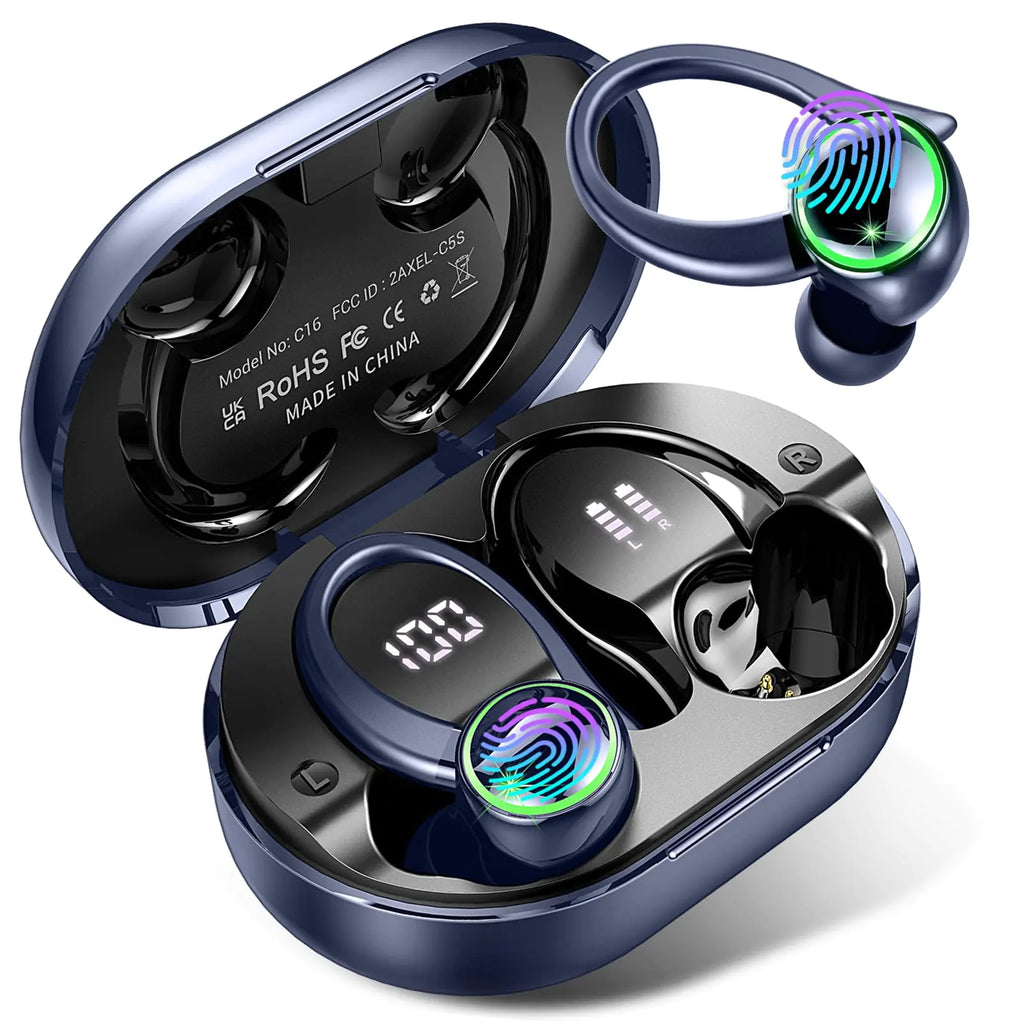 Wireless Earbuds Bluetooth 5.3 Headphones with Noise Cancelling Mic Bass Stereo Bluetooth Earphones 50Hrs with LED Display IP7 Waterproof Earbuds with Earhooks Over Ear Buds for Sports Deep Blue