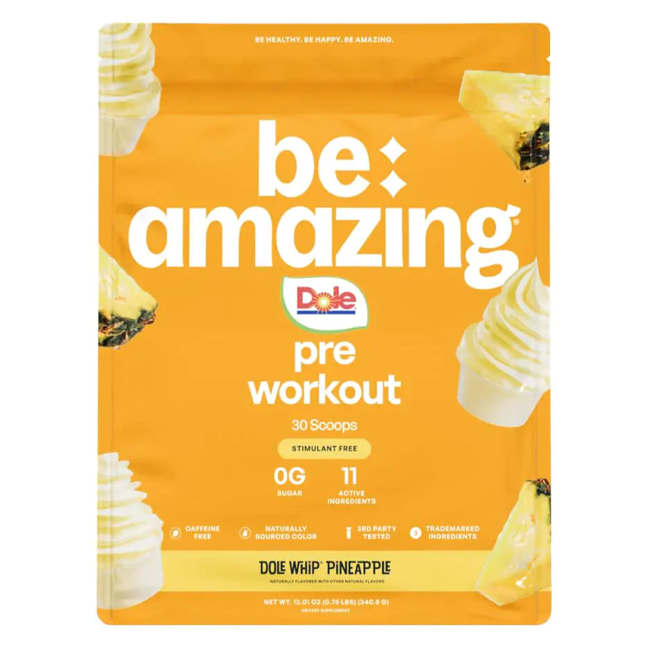Be Amazing Vegan Stim Free Pre-Workout Powder | Energy Booster Powdered Drink with No Caffeine No Crash No Jitters | Gluten-Free Supplement with Adaptogens | Dole Whip Pineapple 30 Scoops