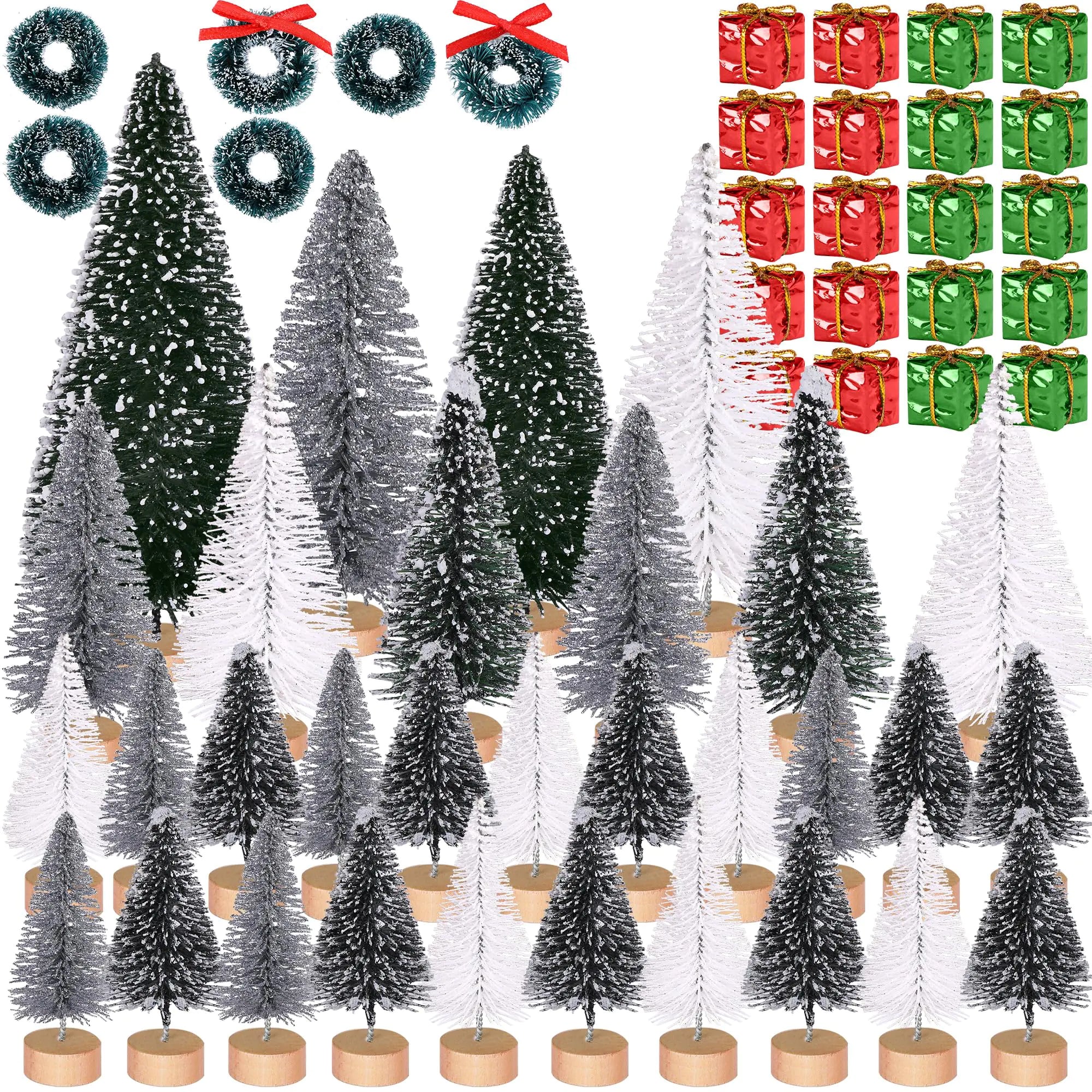 Iceyyyy 56 Pcs Artificial Mini Christmas Trees Set - Miniature Sisal Frosted Christmas Trees Bottle Brush Trees for DIY Crafts Home Table Top Decor