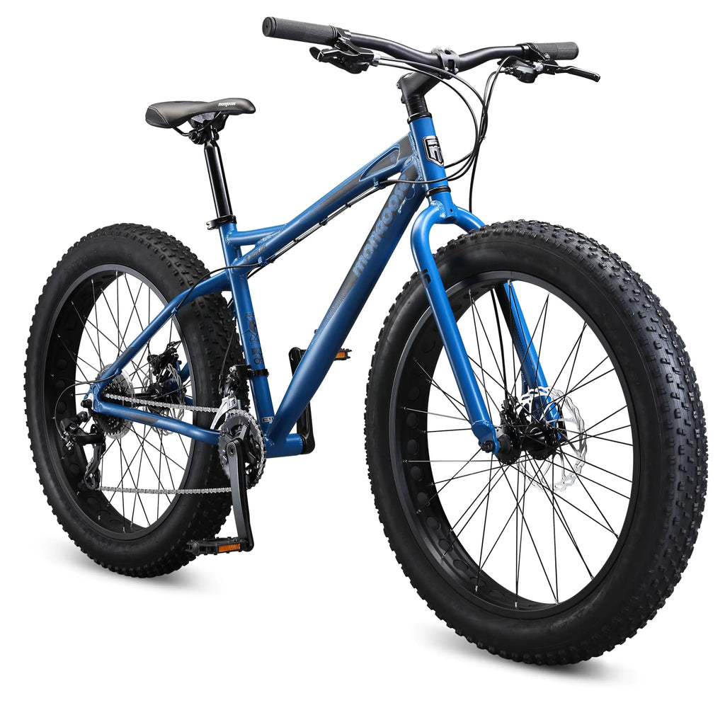 Mongoose Juneau Men and Womens Fat Tire Mountain Bike 26x4-Inch Big Fat Wheels 16-Speed Trigger Shifters Adult Aluminum Mountain Frame Blue