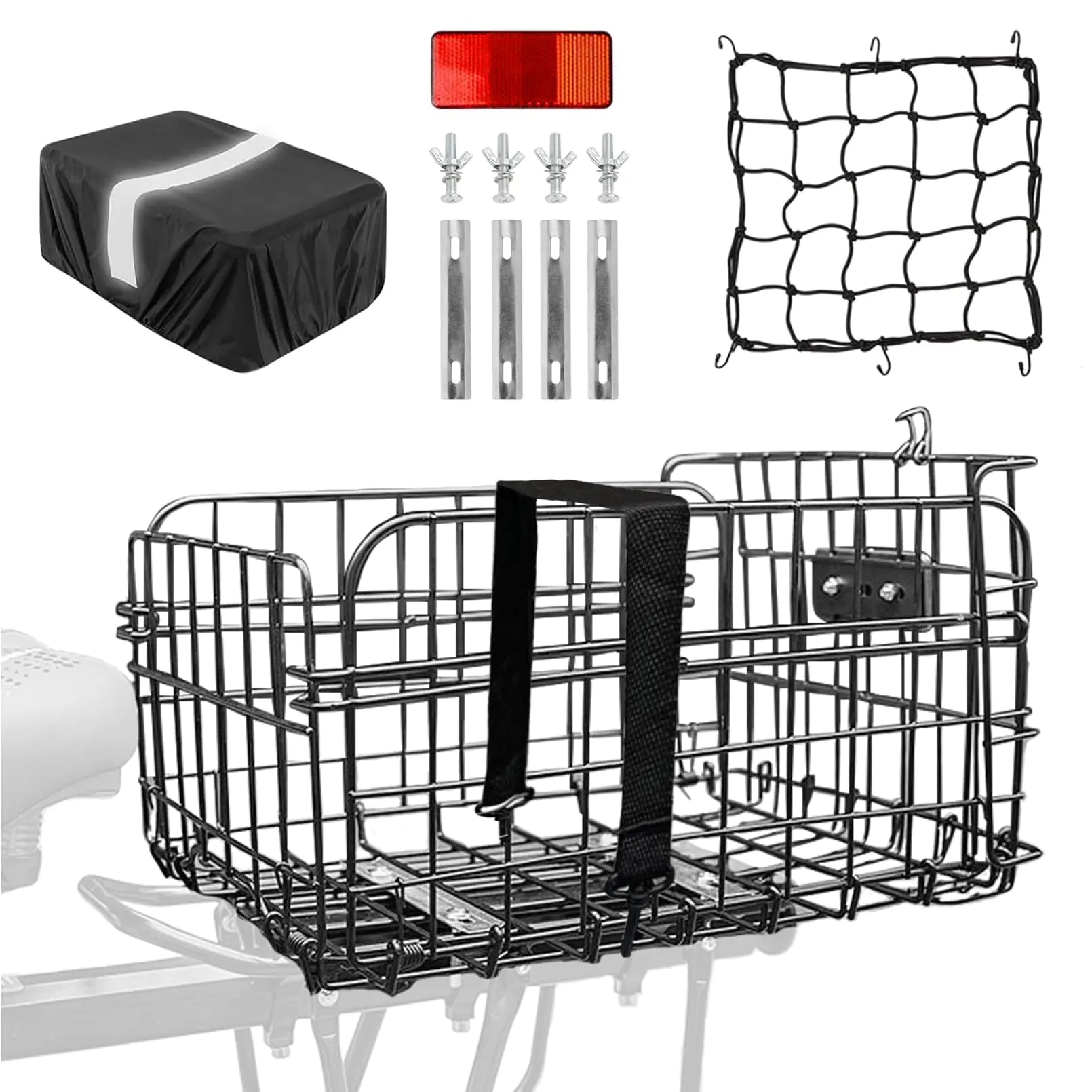 Rear Bike Basket Bike Rack Basket Folding Bike Basket Large Bike Basket Rear with Reflective Light Foldable Metal Wire Bicycle Baskets for Bike Rear Cargo Rack