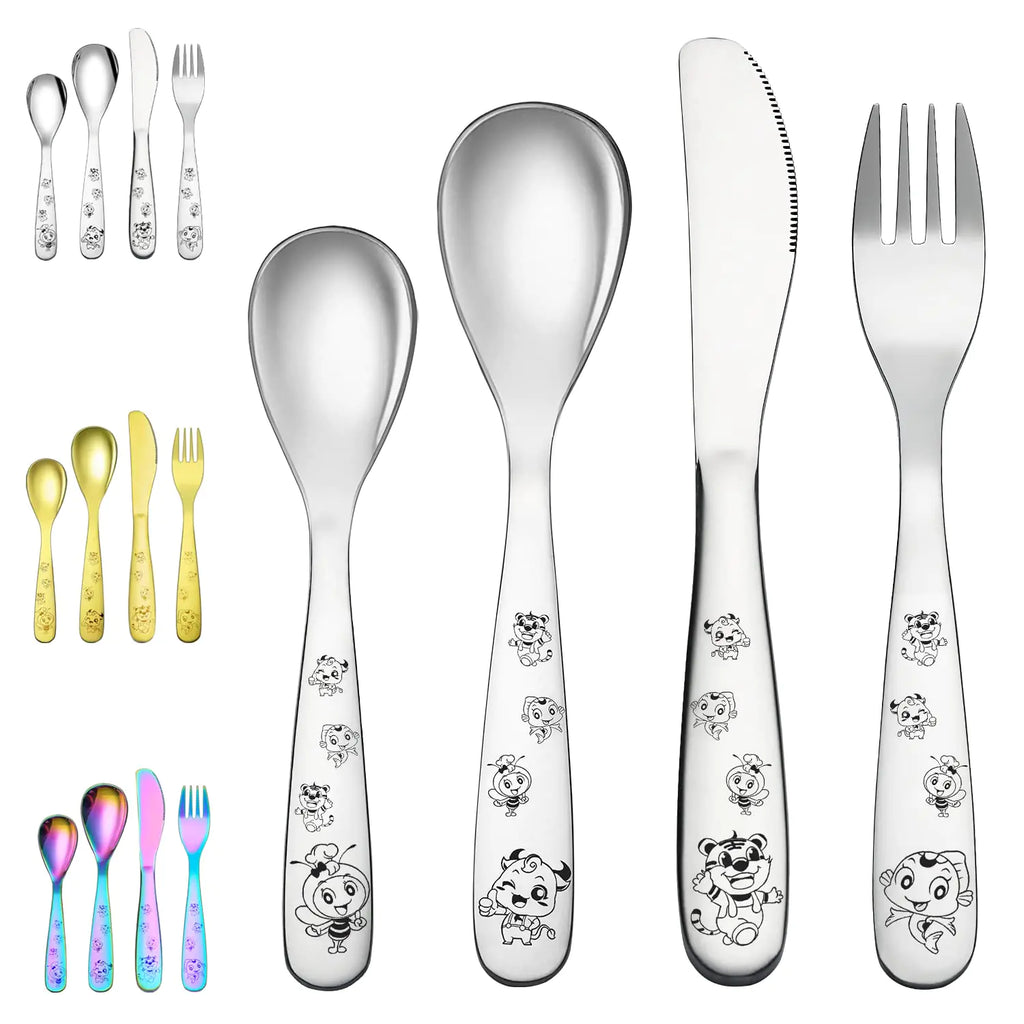 Berglander Black Toddler Utensils 4 Pieces Black Titanium Plating Kids Silverware Set Children Safe Forks and Spoons Flatware Mirror Polished Smooth Round Edage Cutlery Sets Dishwasher Safe
