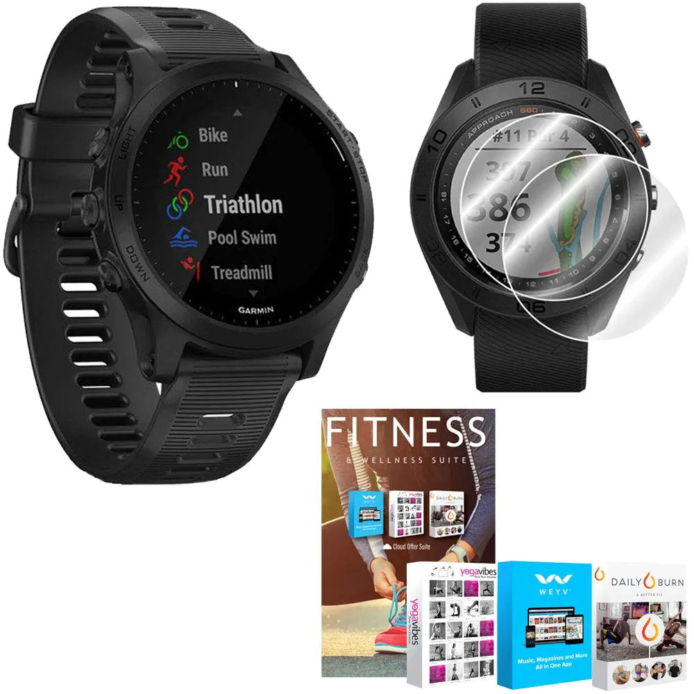 Garmin Forerunner 945 Premium GPS Running/Triathlon Bluetooth Smartwatch with Music in Black Bundle with Screen Protector 2-Pack Fitness and Wellness Suite (010-02063-00)