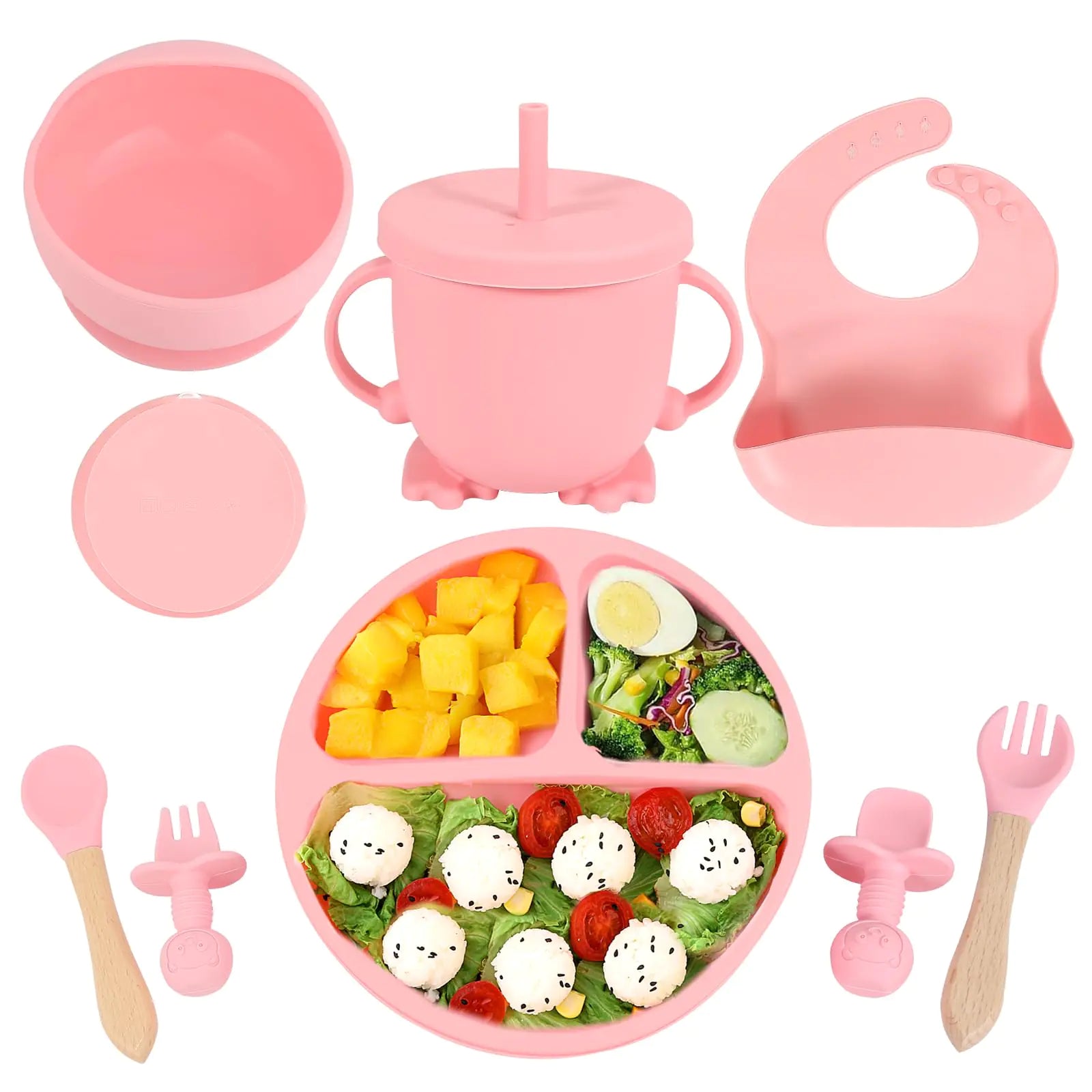 Silicone Baby Feeding Set Baby Led Weaning Supplies with Suction Bowl Divided Plate Self Feeding Spoons Forks Sippy Cup Adjustable Bib Eating Utensils for 6+ Months (Pink)