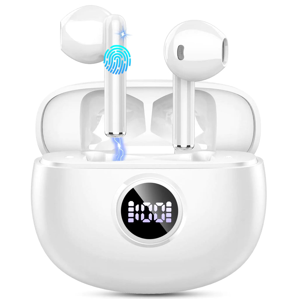 Wireless Earbuds 2024 Bluetooth 5.3 Headphones HiFi Stereo Ear buds with ENC Noise Cancelling Mics 40H Bluetooth Earbuds with Dual LED Display IP7 Waterproof in Ear Earphones for Android iOS White