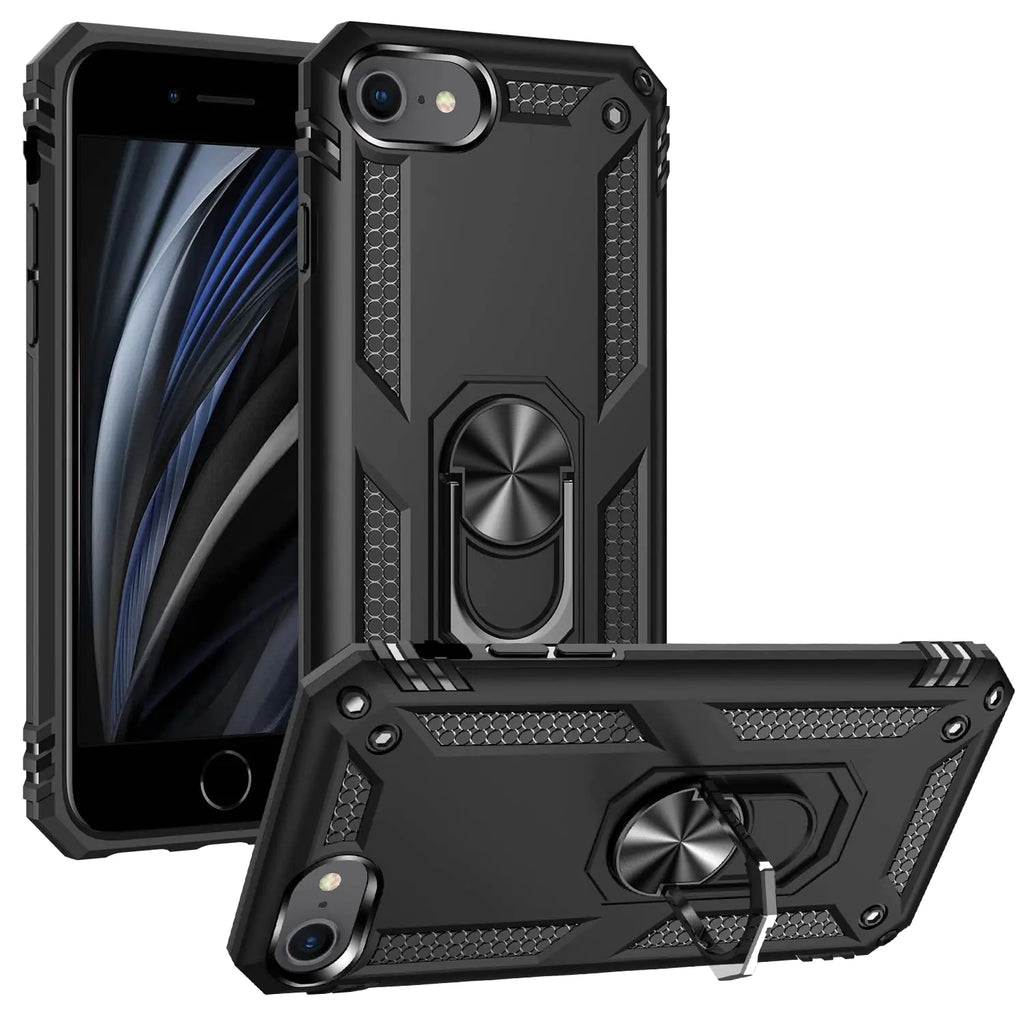 PinLiSheng Shockproof for iPhone Case [Military Grade Drop Protection] with Magnetic Ring Kickstand for Phone Cover. (Black iPhone SE3/SE2/8/7)