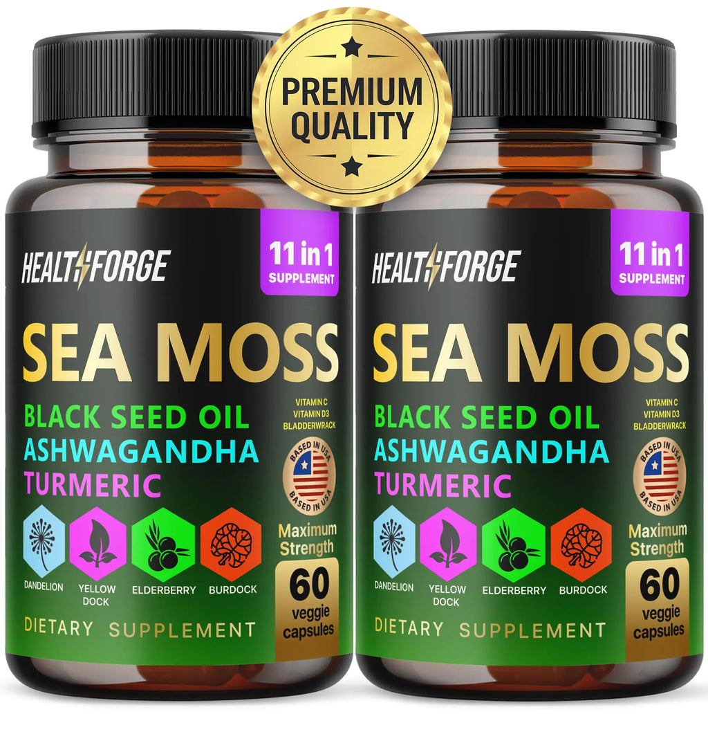 120 Capsules Sea Moss 3000mg Black Seed Oil Capsules 2000mg Ashwagandha Supplements 1000mg Turmeric 1000mg Bladderwrack 1000mg Burdock 1000mg & Vitamin C & D3
