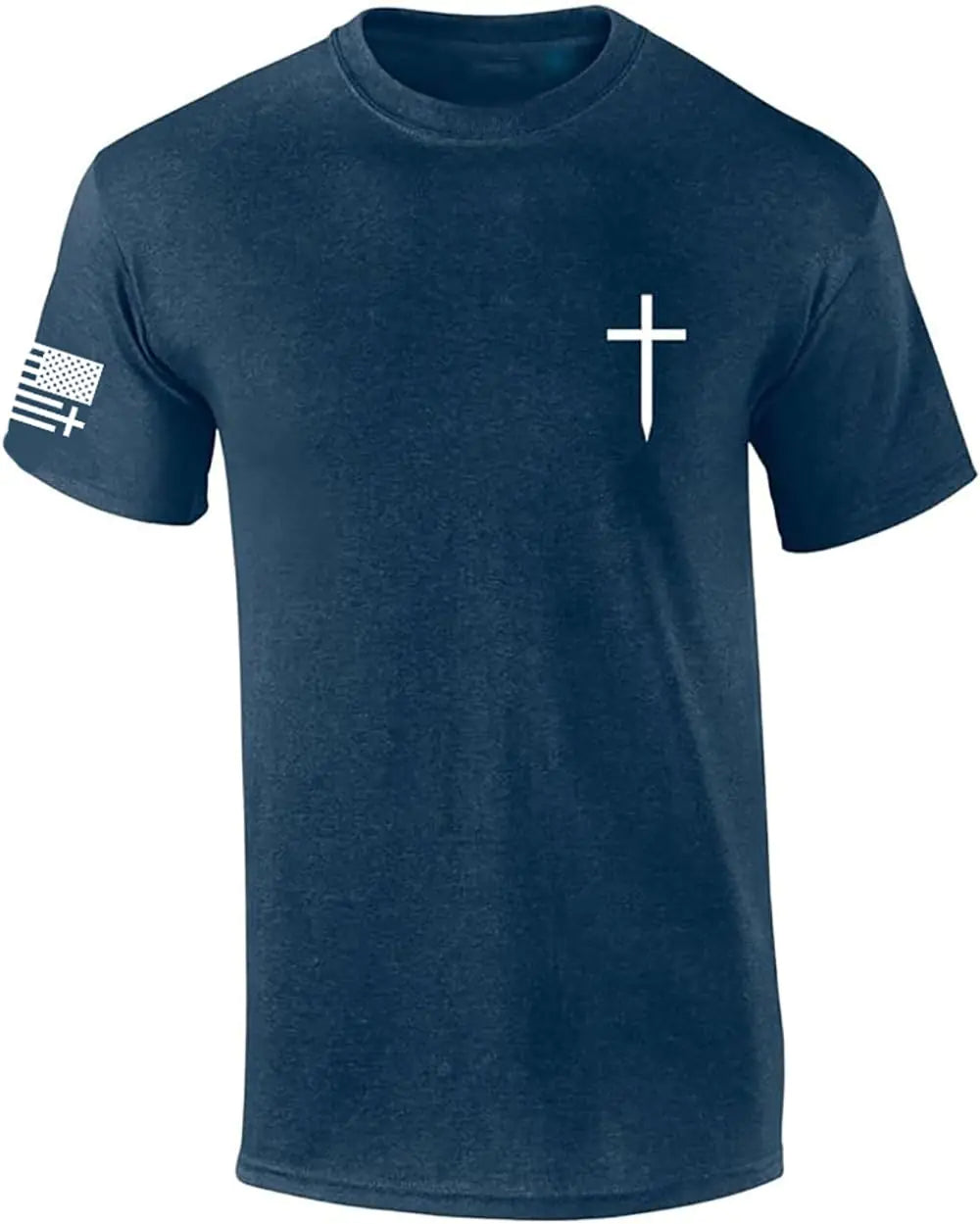 Mens Christian Shirt Faith Cross Crest American Flag Sleeve T-Shirt Graphic Tee-Heather Navy-Small