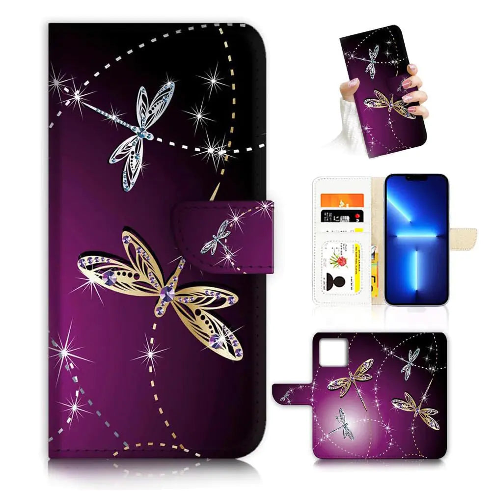for iPhone 13 Pro Max Fashion Flower Scene Flamingo Dragonfly Flip Wallet Phone Case Cover AD006 (#24911 Purple Dragonfly)