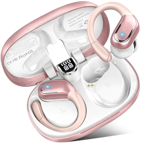 Wireless Earbuds 75Hrs Bluetooth 5.4 Headphones Sport Bluetooth Earbuds with ENC Noise Canceling Mic Bass Stereo Wireless Earphones IP7 Waterproof Over Ear Buds with Earhooks for Running Rose Gold