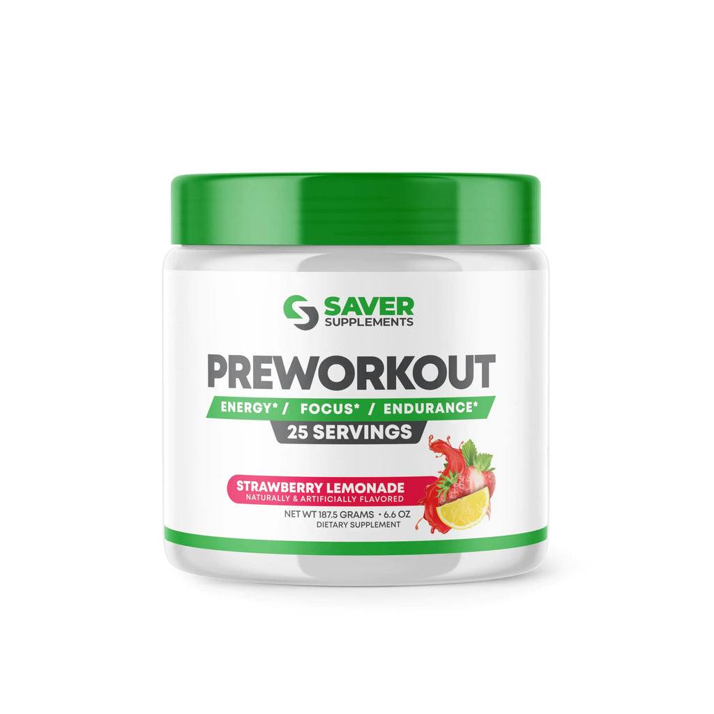 Saver Supplements Pre Workout Powder with Beta Alanine Creatine Monohydrate BCAA L Citrulline L Arginine and Caffeine - Strawberry Lemonade Flavor - 25 Servings