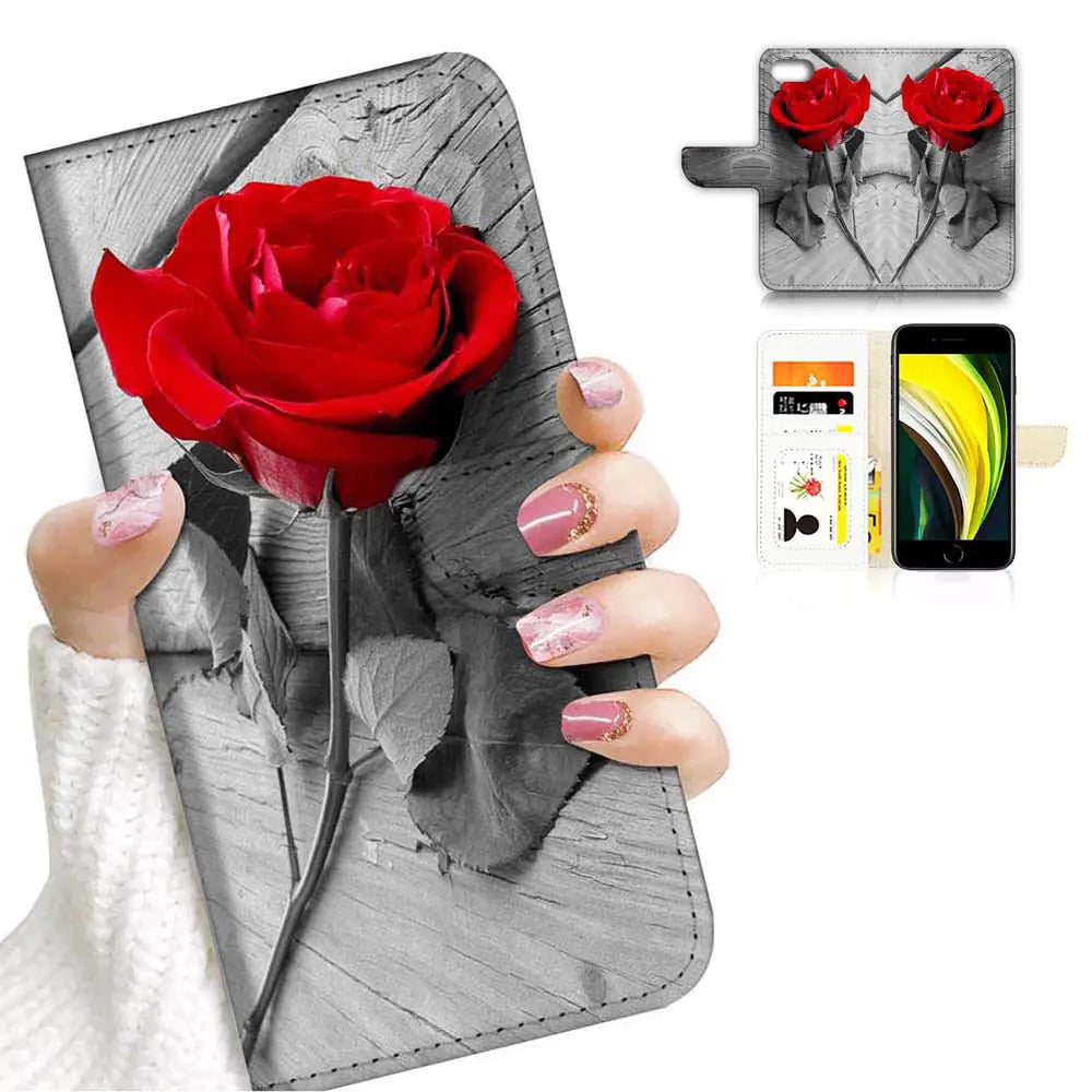 for iPhone SE 3rd Gen iPhone 8 iPhone SE 2rd Gen iPhone 7 iPhone 6 Fashion Flower Scene Flamingo Dragonfly Flip Wallet Phone Case Cover AD006 (#24916 Red Rose)