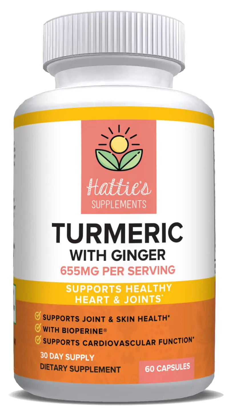Turmeric Curcumin with BioPerine 95% Standardized Curcuminoids and Ginger 655mg - Hatties Supplements Natural Joint Support Non-GMO Herbal Supplement 60 Capsules