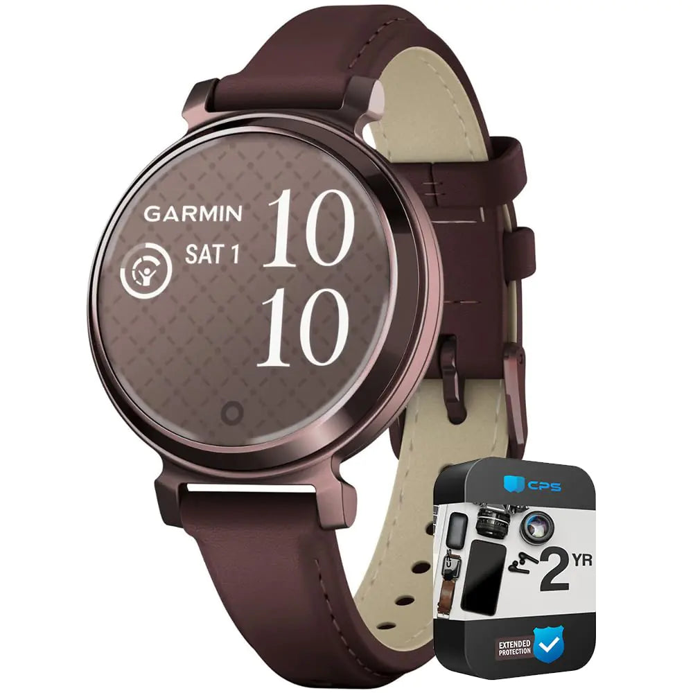 Garmin 010-02839-03 Lily 2 Classic Dark Bronze with Mulberry Leather Band Smartwatch | Official USA Partner Model | Bundle with 2 YR CPS Enhanced Protection Pack