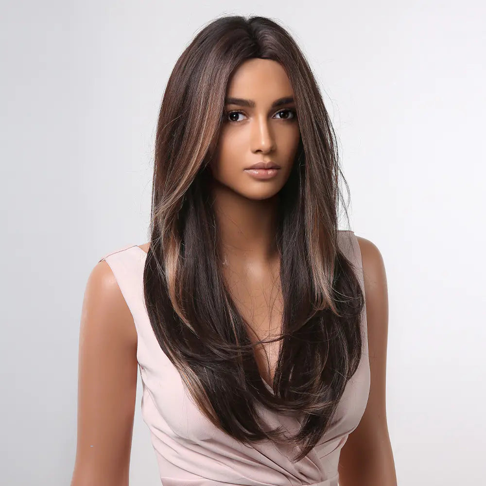 Women's Long Wavy Brown Blonde Highlight Wig