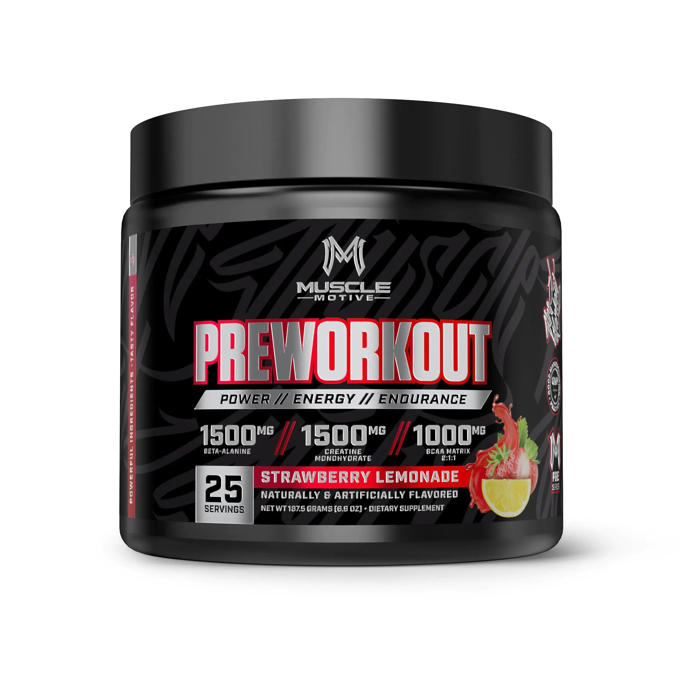 Muscle Motive Pre Workout Powder with Beta Alanine Creatine Monohydrate BCAA L Citrulline L Arginine and Caffeine - Strawberry Lemonade Flavor - 25 Servings