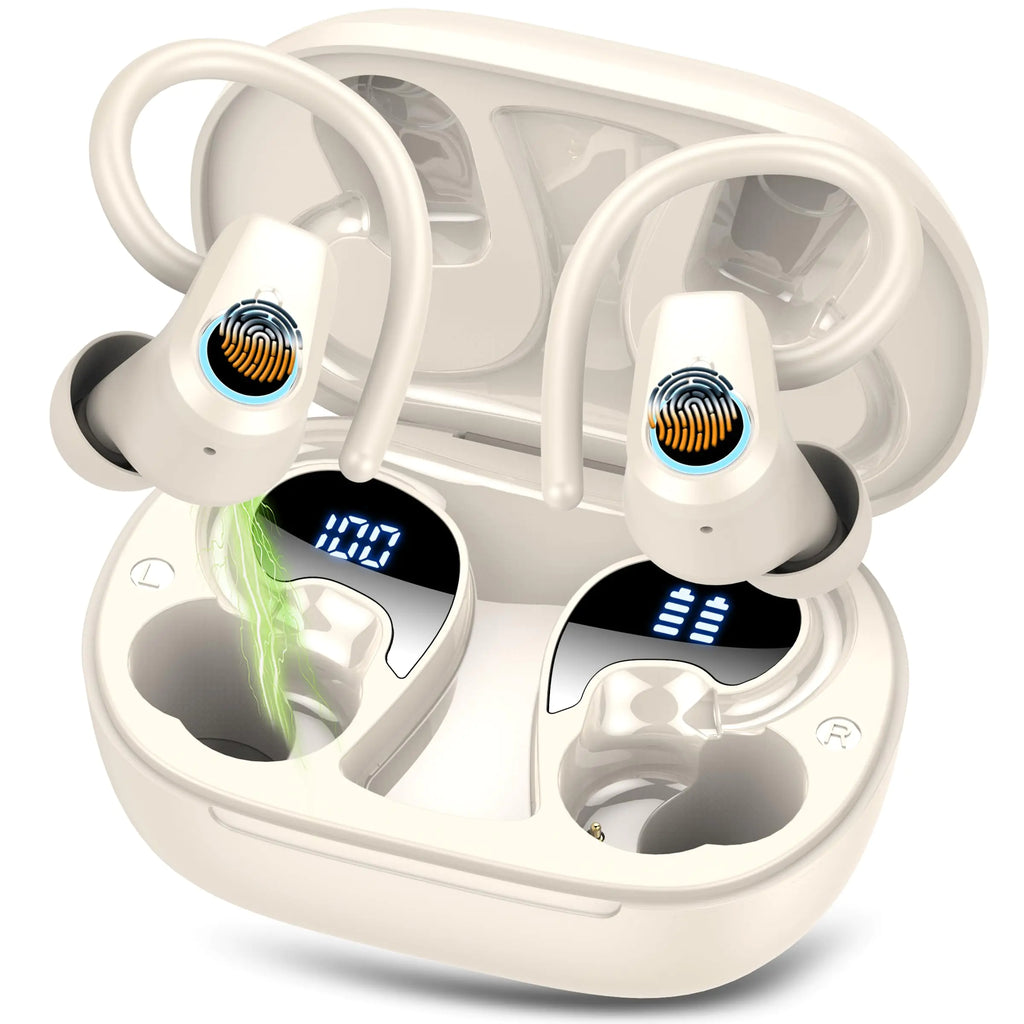 Wireless Earbuds Bluetooth 5.3 Headphones Sport In Ear buds Wireless Earbuds Bluetooth 50H Playtime LED Display Deep Bass Stereo Noise Cancelling Headphones IP7 Waterproof Earphones Milky White