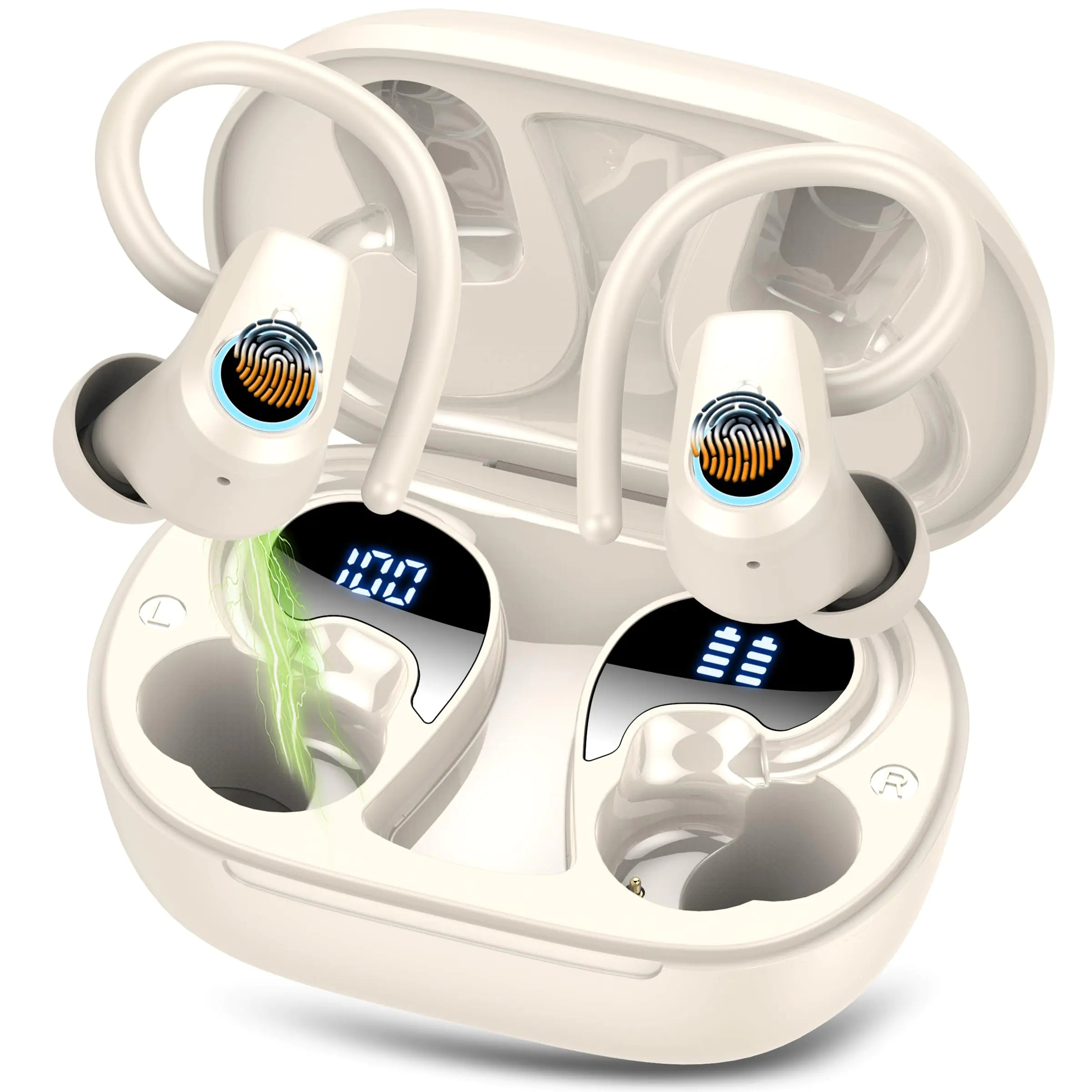 Wireless Earbuds Bluetooth 5.3 Headphones Sport In Ear buds Wireless Earbuds Bluetooth 50H Playtime LED Display Deep Bass Stereo Noise Cancelling Headphones IP7 Waterproof Earphones Milky White