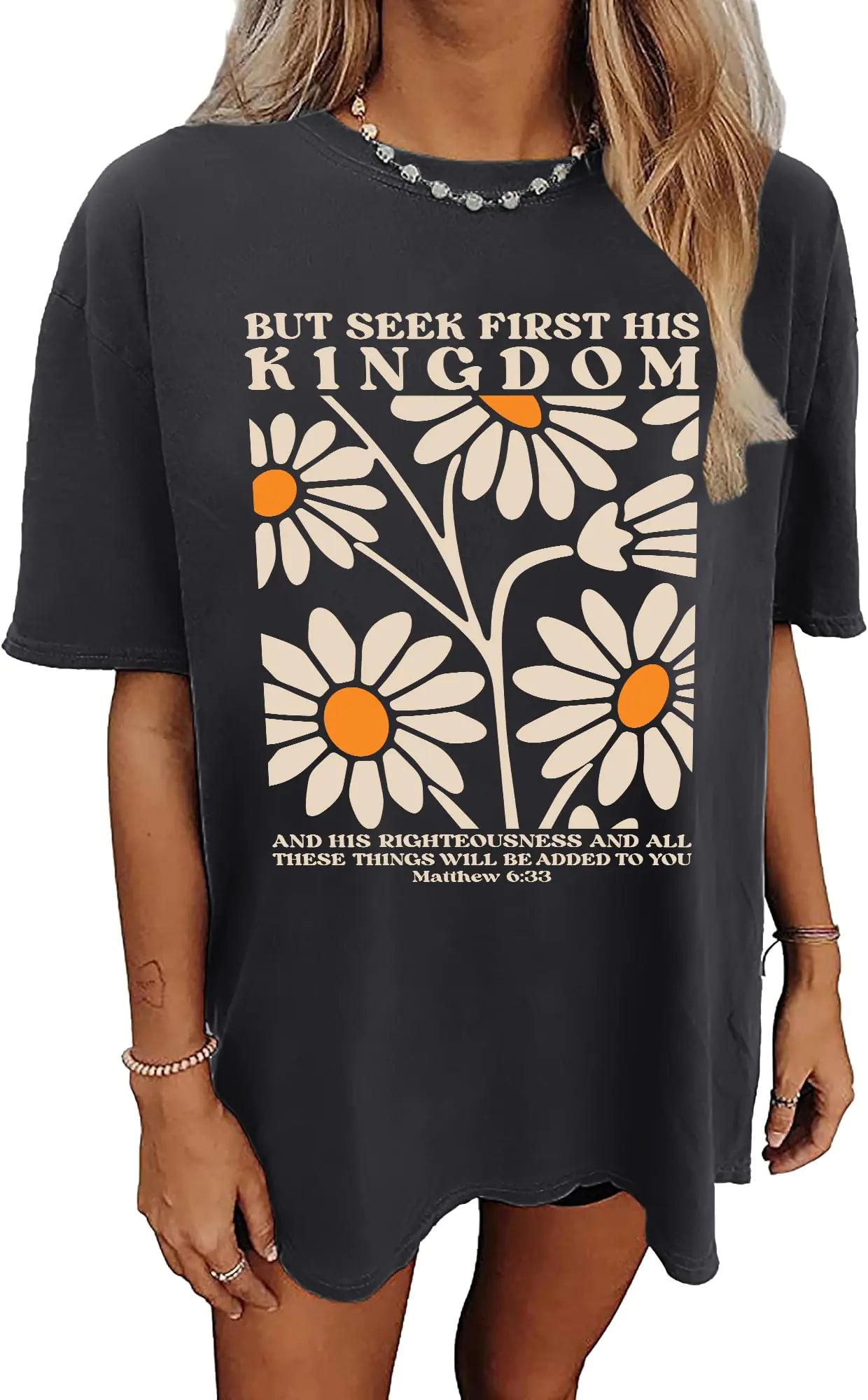 LAZYCHILD Christian Shirts for Women: Vintage Oversized Faith T-Shirt Bible Verse Graphic Tees Floral Religious Tops Darkgrey