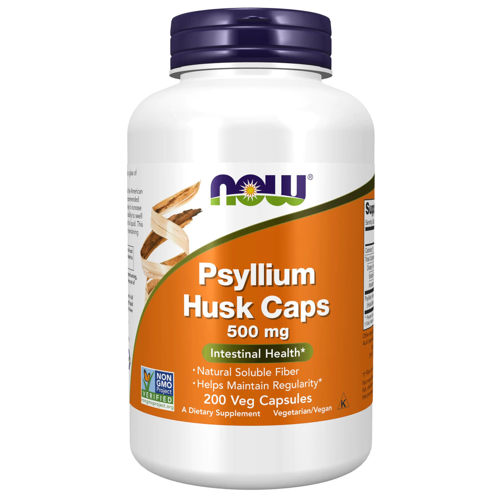 NOW Foods Supplements Psyllium Husk Caps 500 mg Non-GMO Project Verified Natural Soluble Fiber Intestinal Health* 200 Veg Capsules