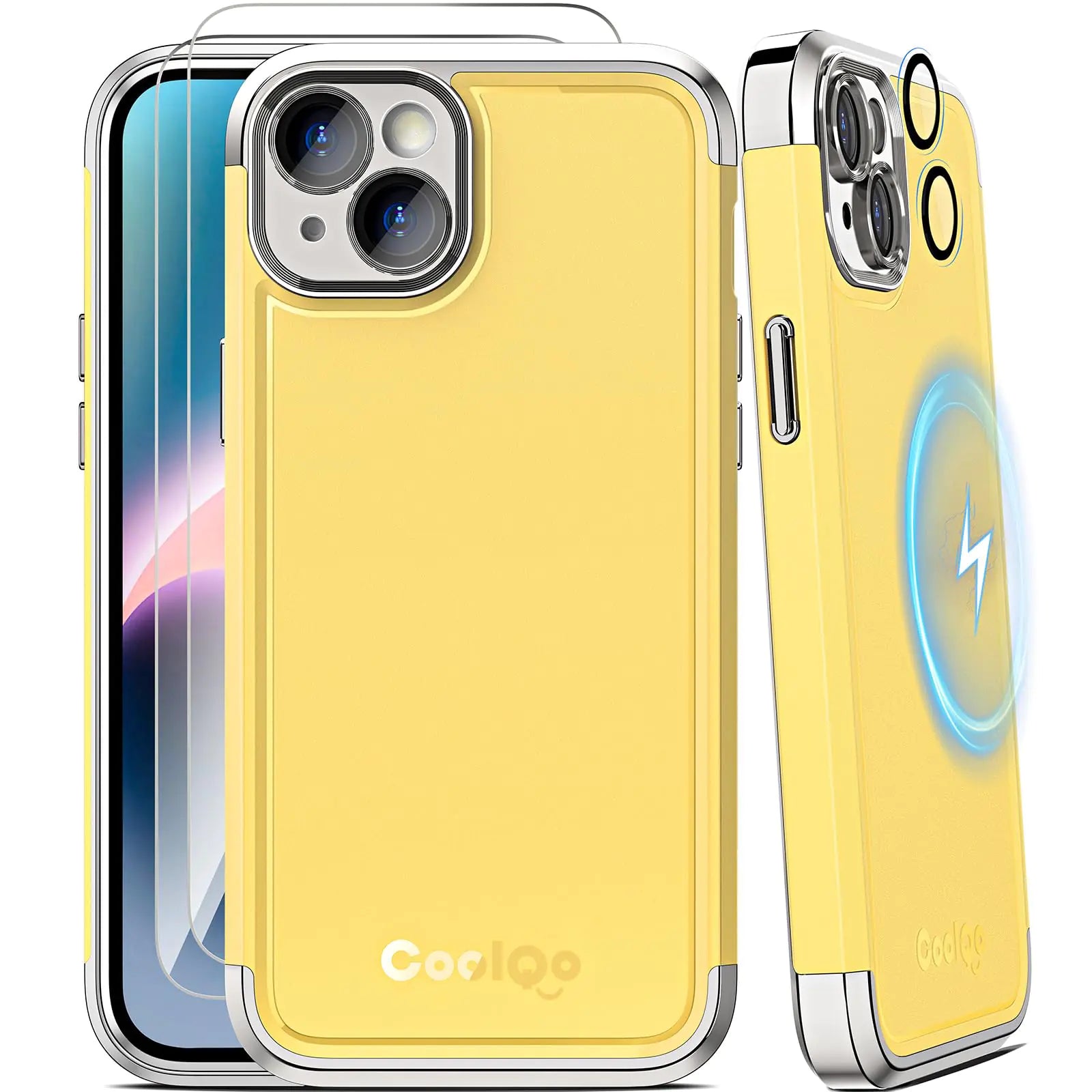 COOLQO Magnetic for iPhone 13 Case iPhone 14 Case 2X[Tempered Glass Screen Protector+Camera Lens Protectors] Shockproof Protective Phone Case for iPhone 13/14 Yellow Silver