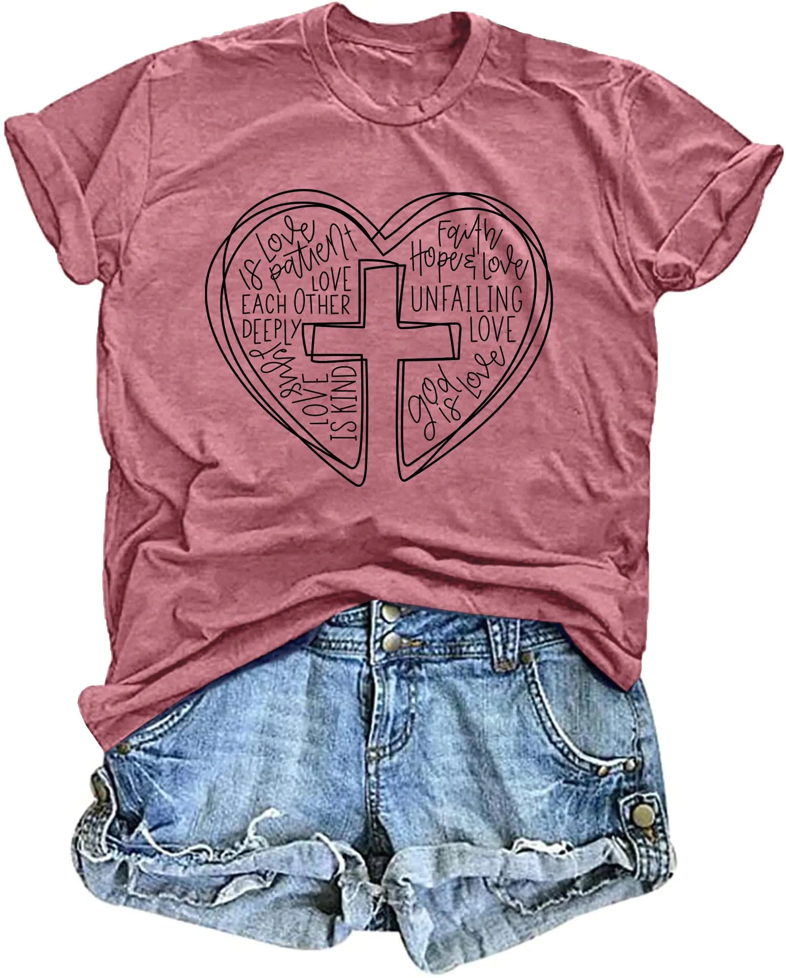 VVNTY Christian Shirts for Women: Heart Bible Verse T Shirt Religious Cross Graphic Tee Jesus Faith Tops Pink