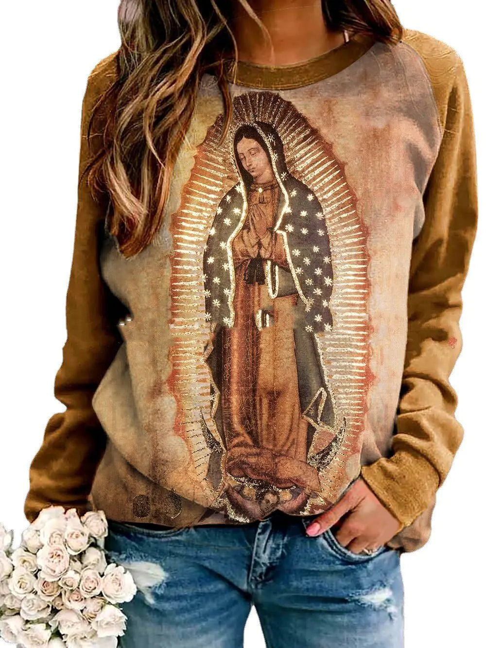 Khaki Women's Sweater with Virgin Mary Print