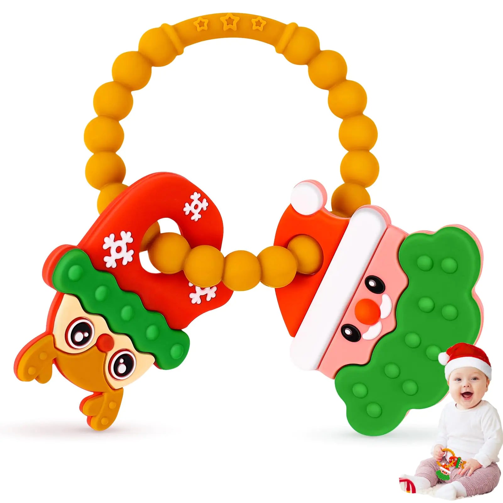 NPET Christmas Baby Teething Toy Christmas Cute Santa & Deer Teething Ring 3-12 Months Baby Gifts Infant Teething Toy Baby Theether Toy Christmas Gifts Baby Teethers Toy Soft Baby Boys & Girls