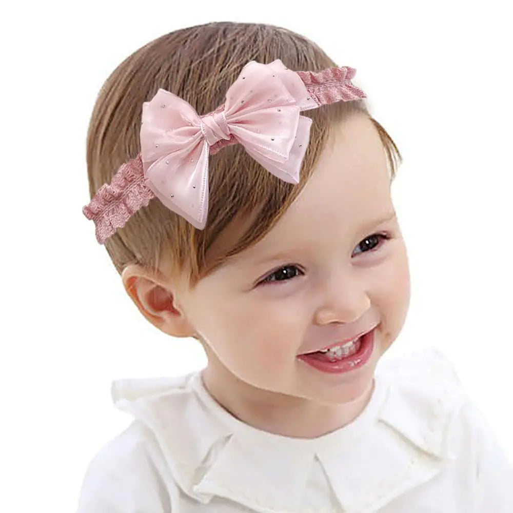 Yheahin Baby Girl Bow Headband Satin Crystal Bow-knot Toddler Hairband Soft Lace Elastic Headpiece Party Bows Hair Accessories for Newborn Infant (Pink Standard size)