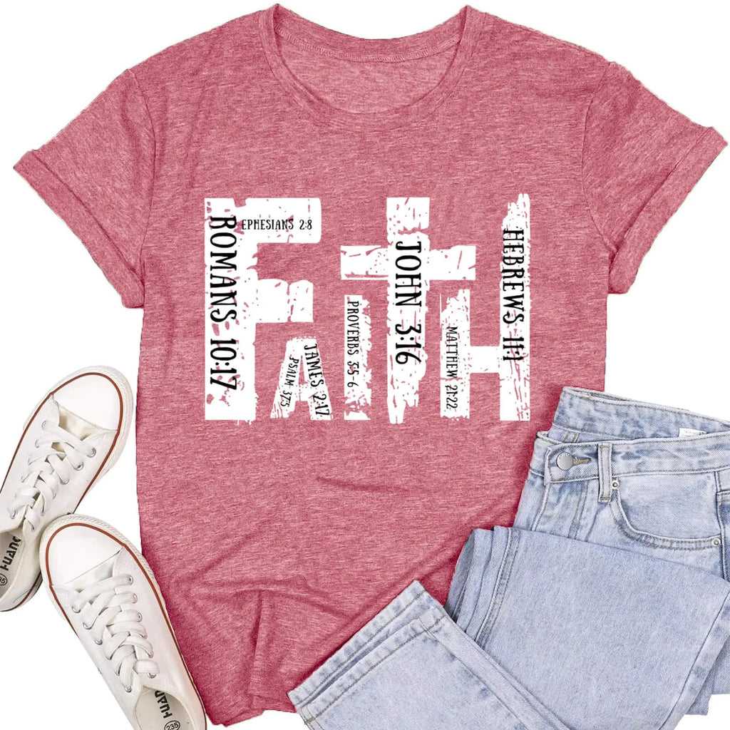 SUWATOIN Womens Faith Shirts Christian Cross T-Shirts Bible Verse Blessed Letter Printed Tees Inspirational Tops Pink