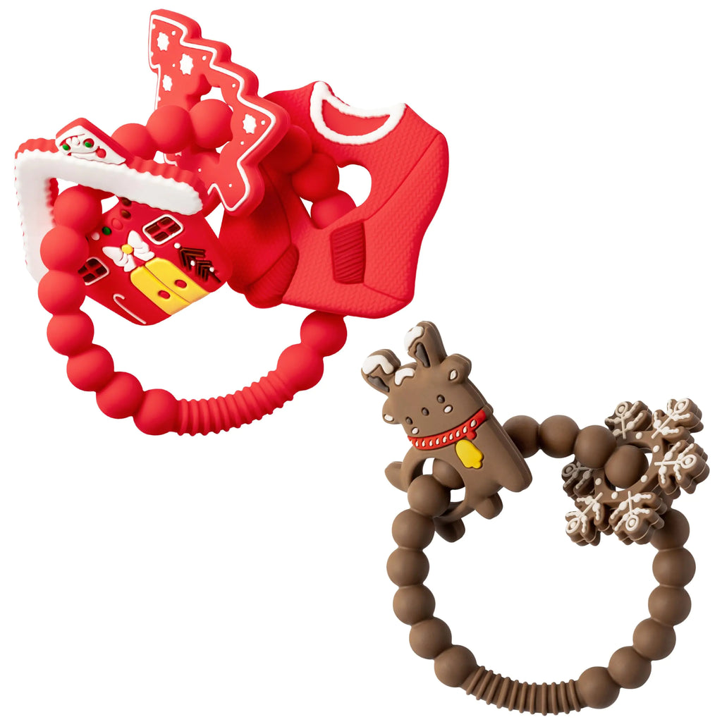 2Pcs Christmas Baby Silicone Teething Toys Red Christmas Tree Teething Ring Baby Soft Teethers The First Christmas Deer Teether Toys Toddler Teething Chew Toys Christmas Gifts for Baby Boy and Girl