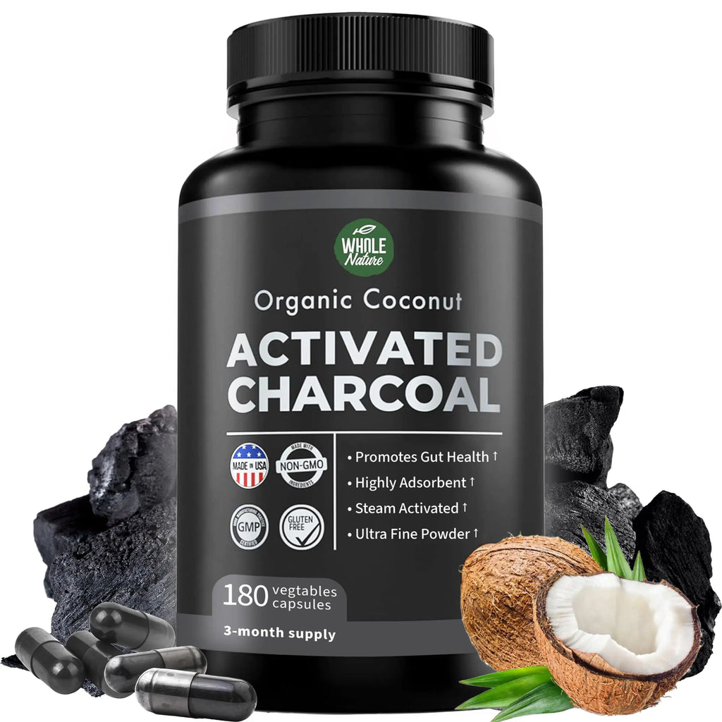 Pure Coconut Activated Charcoal Capsules - 180 Charcoal Pills Helps with Teeth Whitening Bloating and Body Cleansing. Non-GMO - Gluten Free Vegan